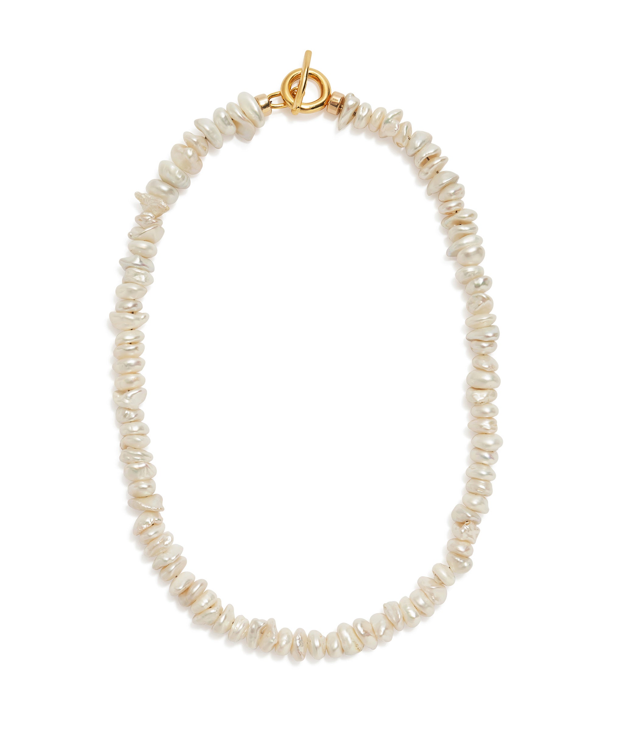 Mood Necklace in Pearl. Single-strand of keshi pearls with gold-plated brass toggle closure.