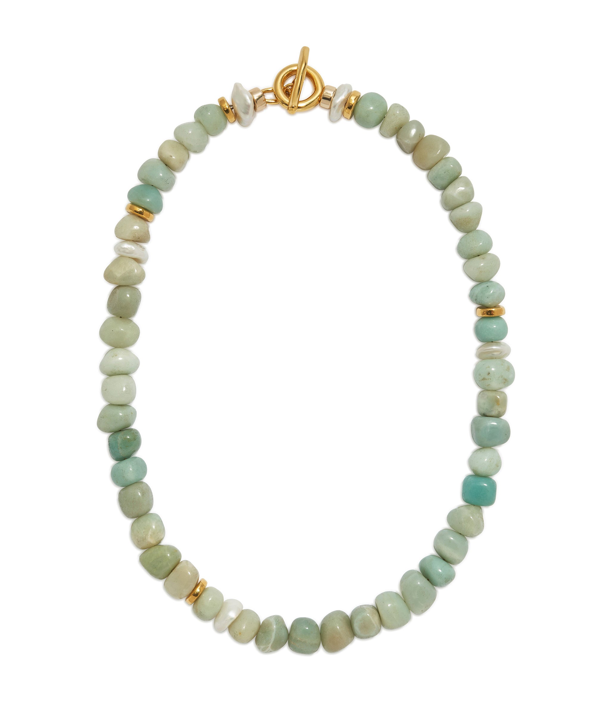Mood Necklace in Amazonite. Single-strand of varying green amazonite beads with gold-plated brass toggle closure.