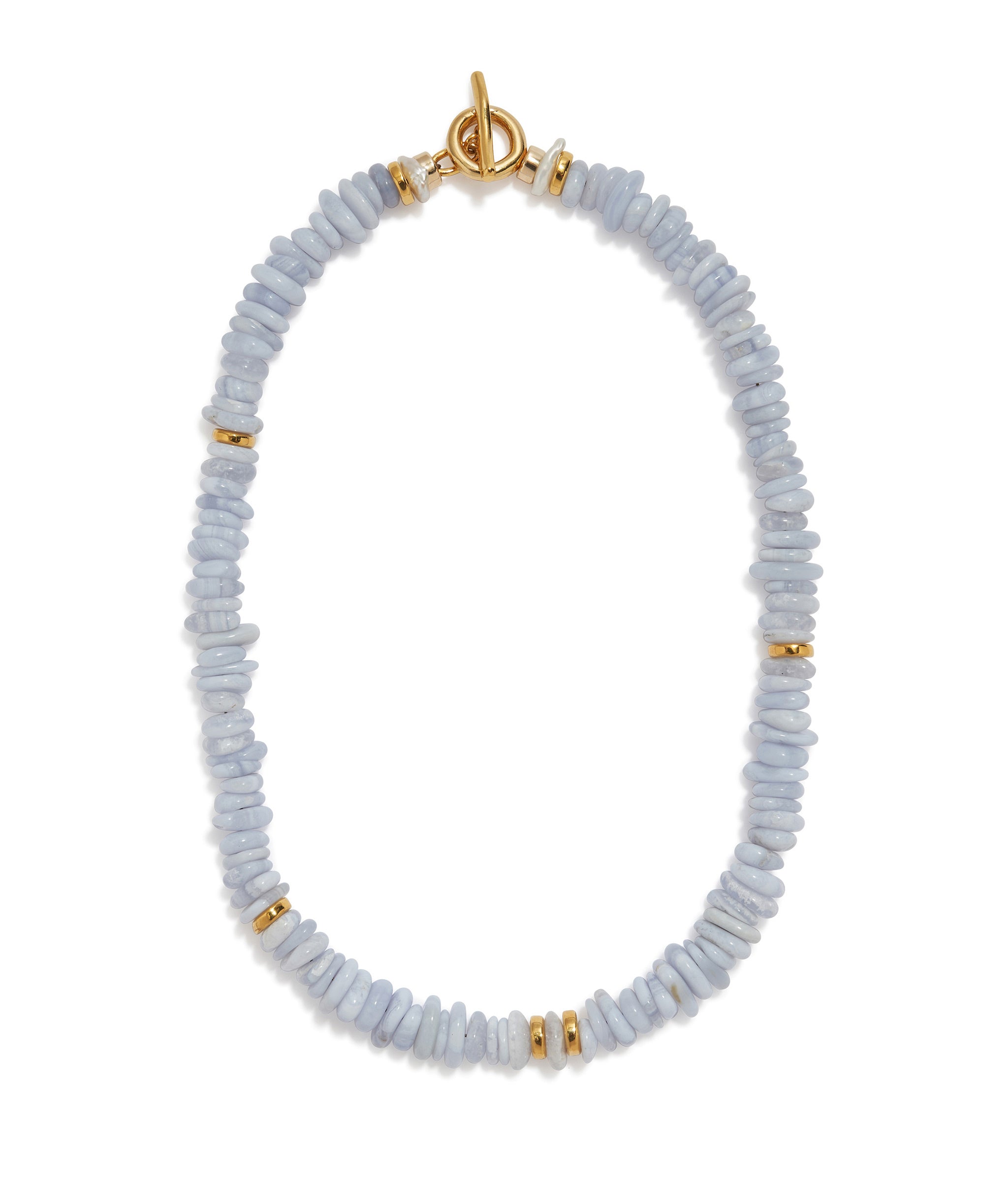Mood Necklace in Blue Lace Agate. Single-strand of light blue agate beads with gold-plated brass toggle closure.