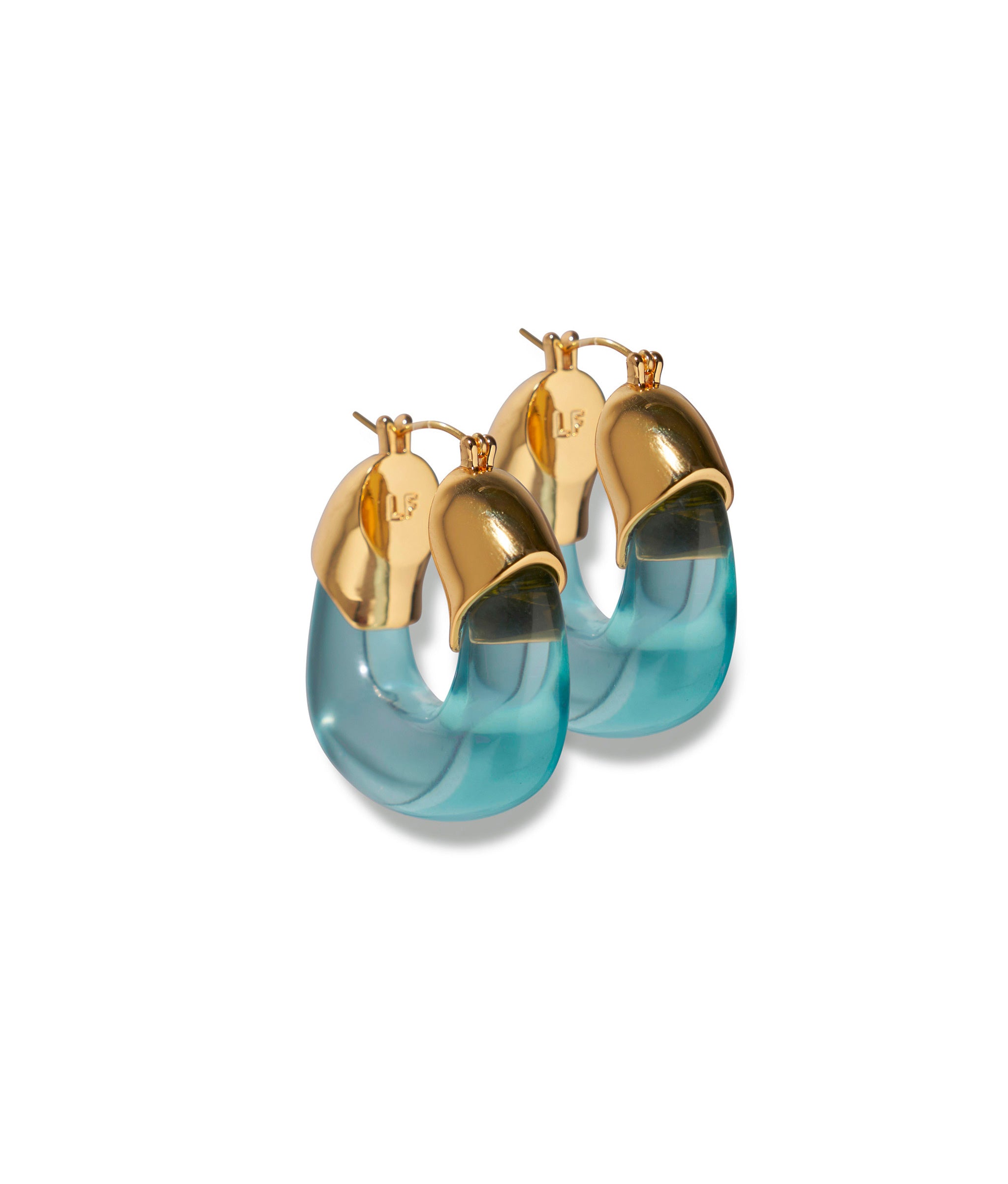 Organic Hoops in Turquoise. Gold-plated hoop earrings with transparent turquoise-colored resin.