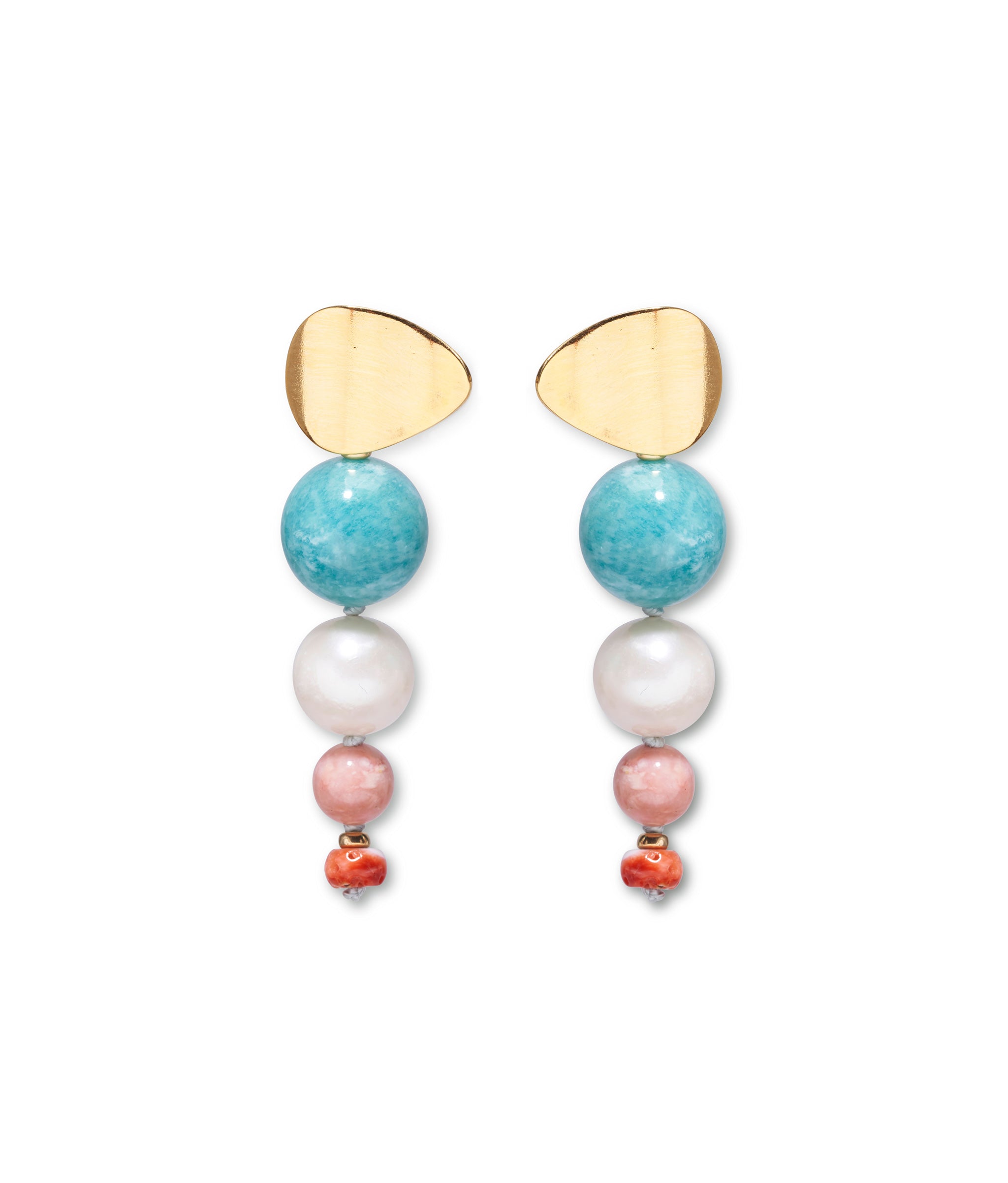 Pego Earrings. With gold-plated teardrop tops and graduated beads in amazonite, pearl, pink opal, and spiny oyster.