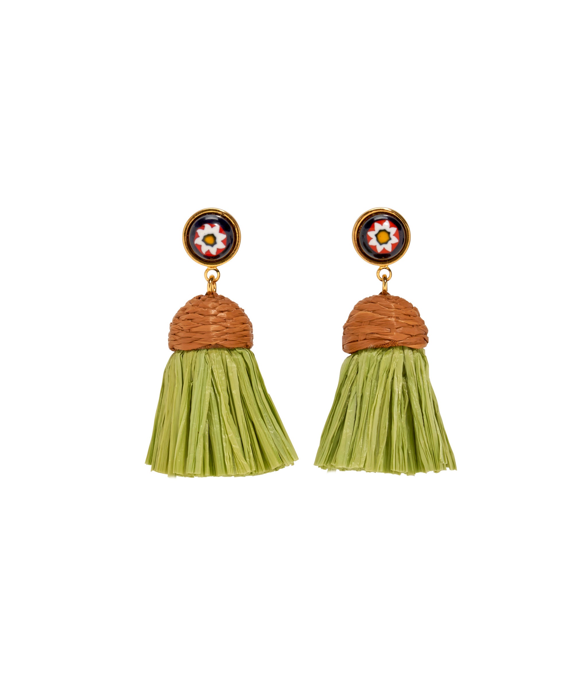 Raffia Earrings in Floral Palm. Gold-plated brass, millefiori glass tops, grass green raffia fringe.