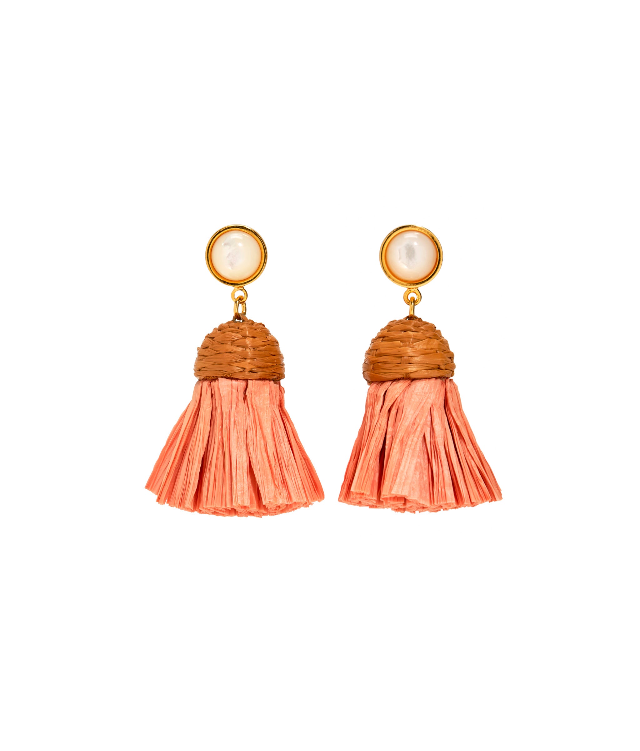 Raffia Earrings in Rose. Gold-plated earrings with mother-of-pearl tops and rose-colored raffia fringe.