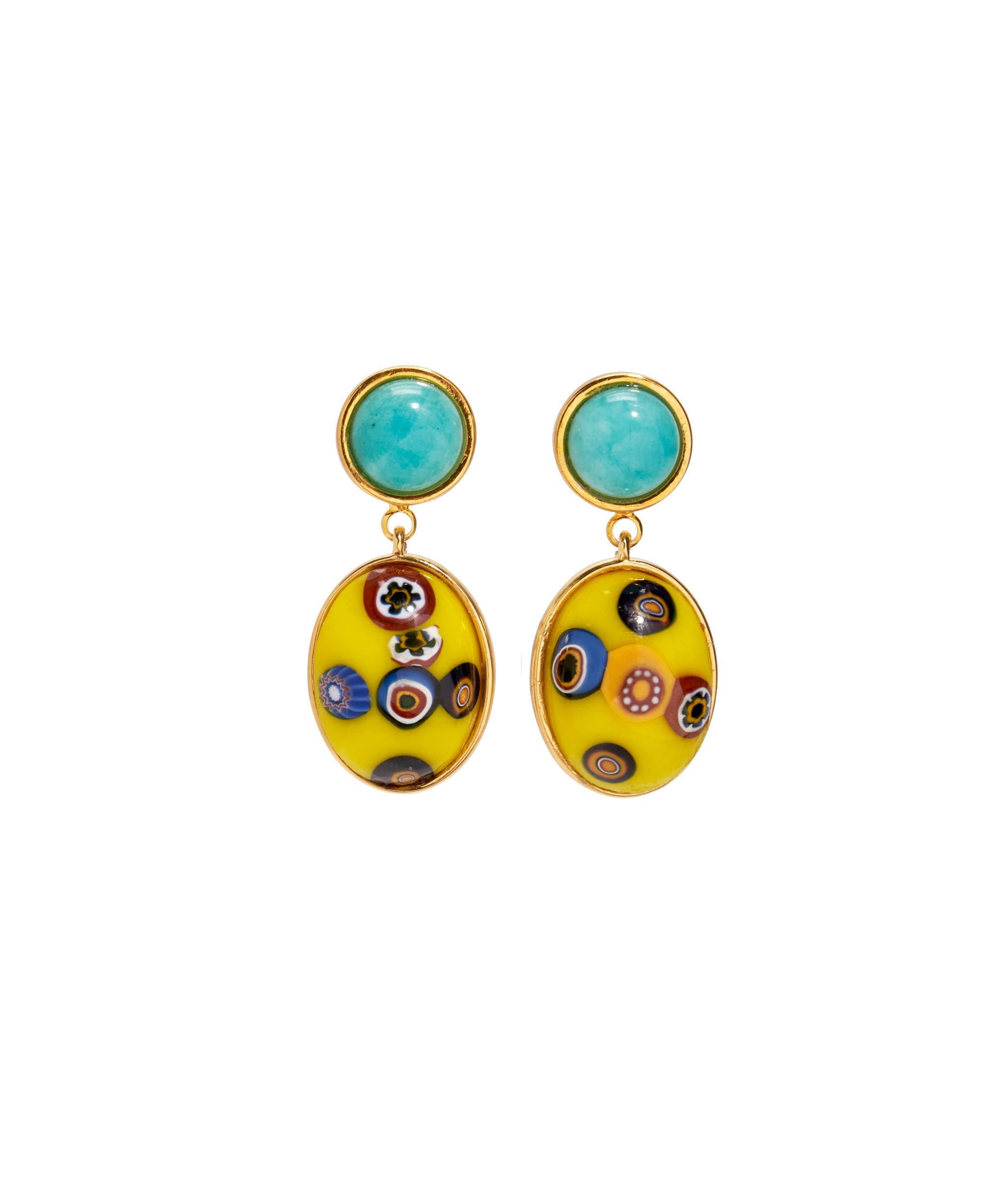 Murano Muse Earrings in Daylight. Imitation turquoise tops and colorful yellow millefiori glass drops.