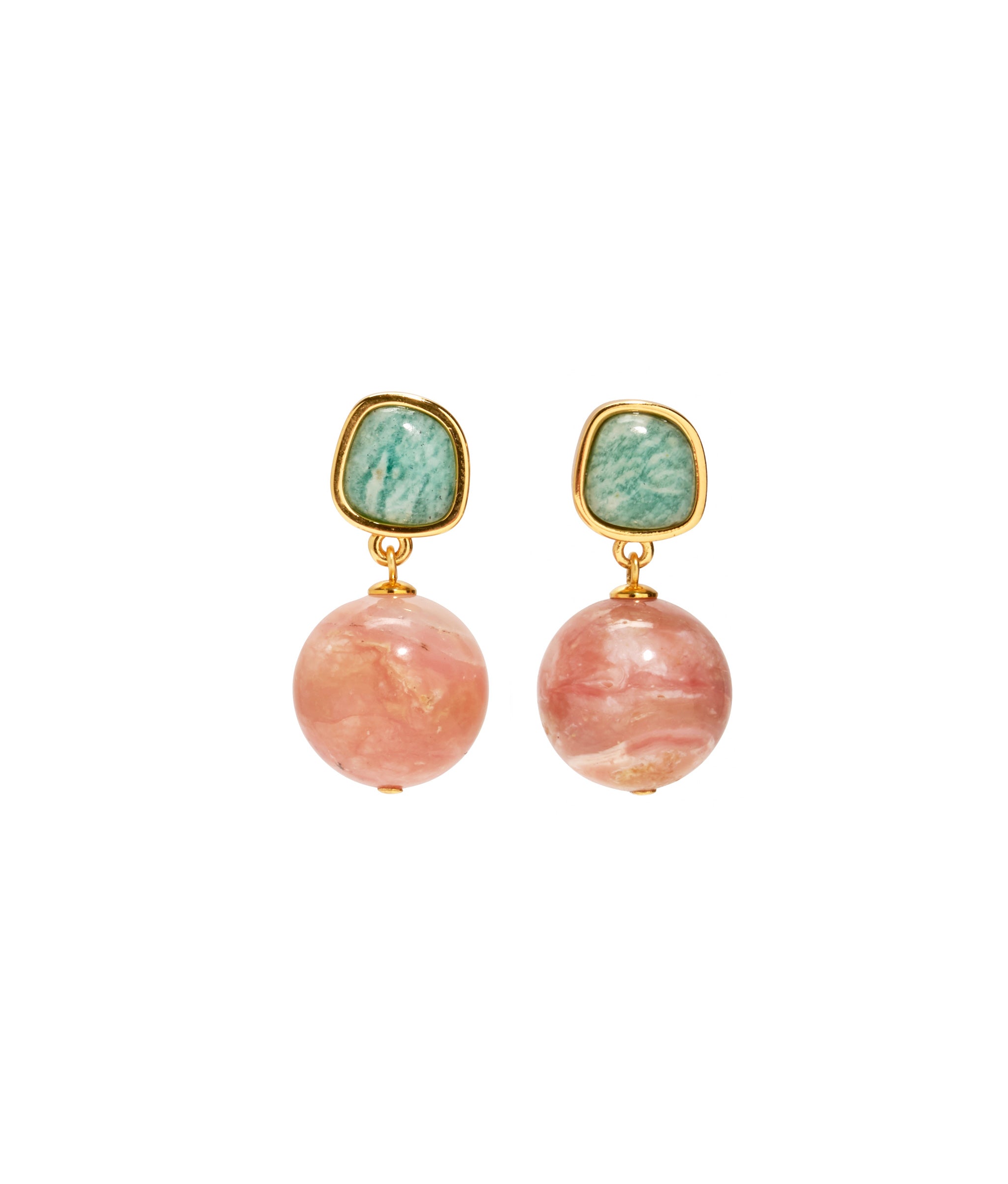 Rio Earrings in Blush. Amazonite stone tops and hanging pink opal bead drops.