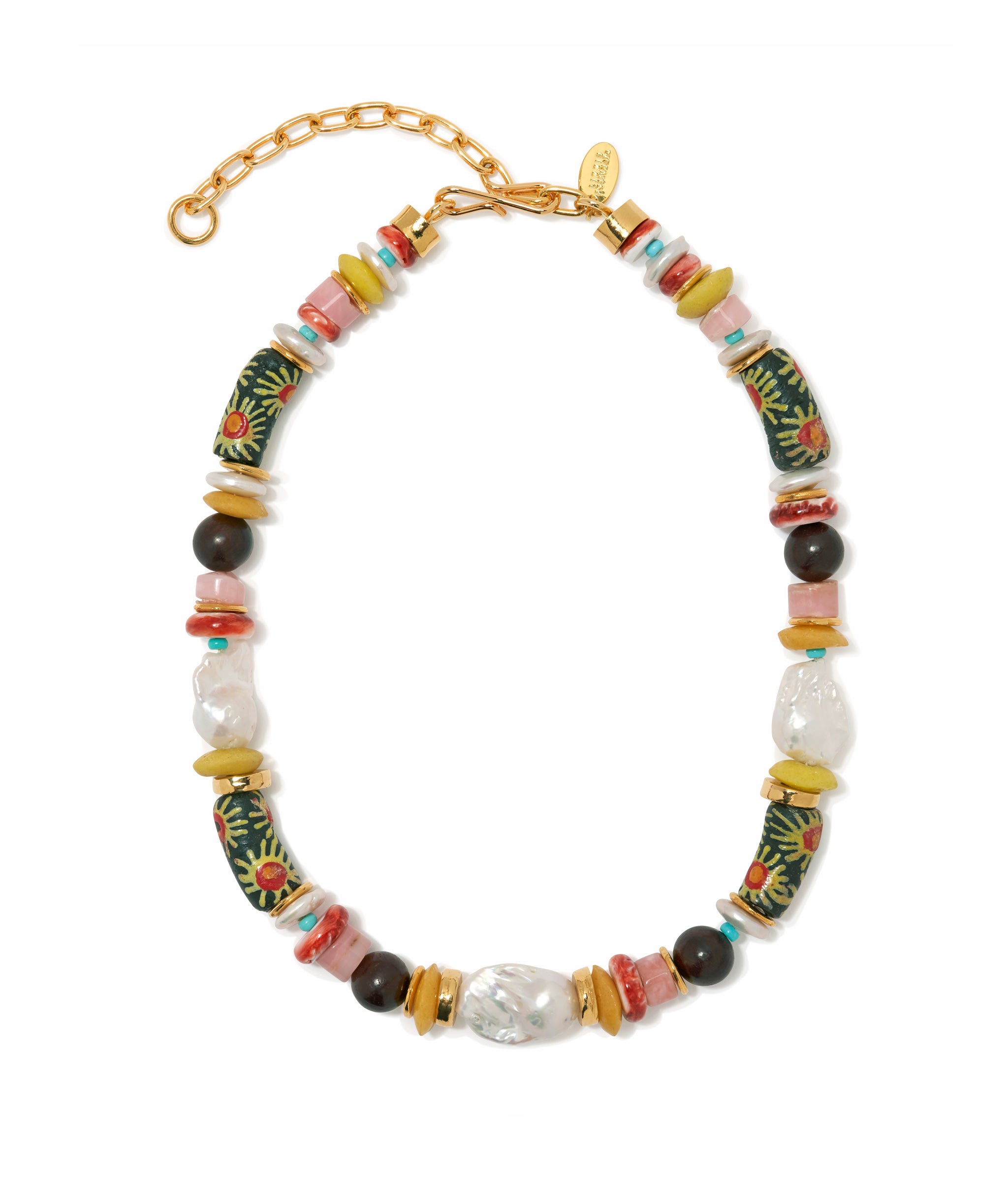 Souvenir Necklace in Tropic. Painted glass, spiny oyster, pink opal, turquoise, wood, gold beads, with freshwater pearls
