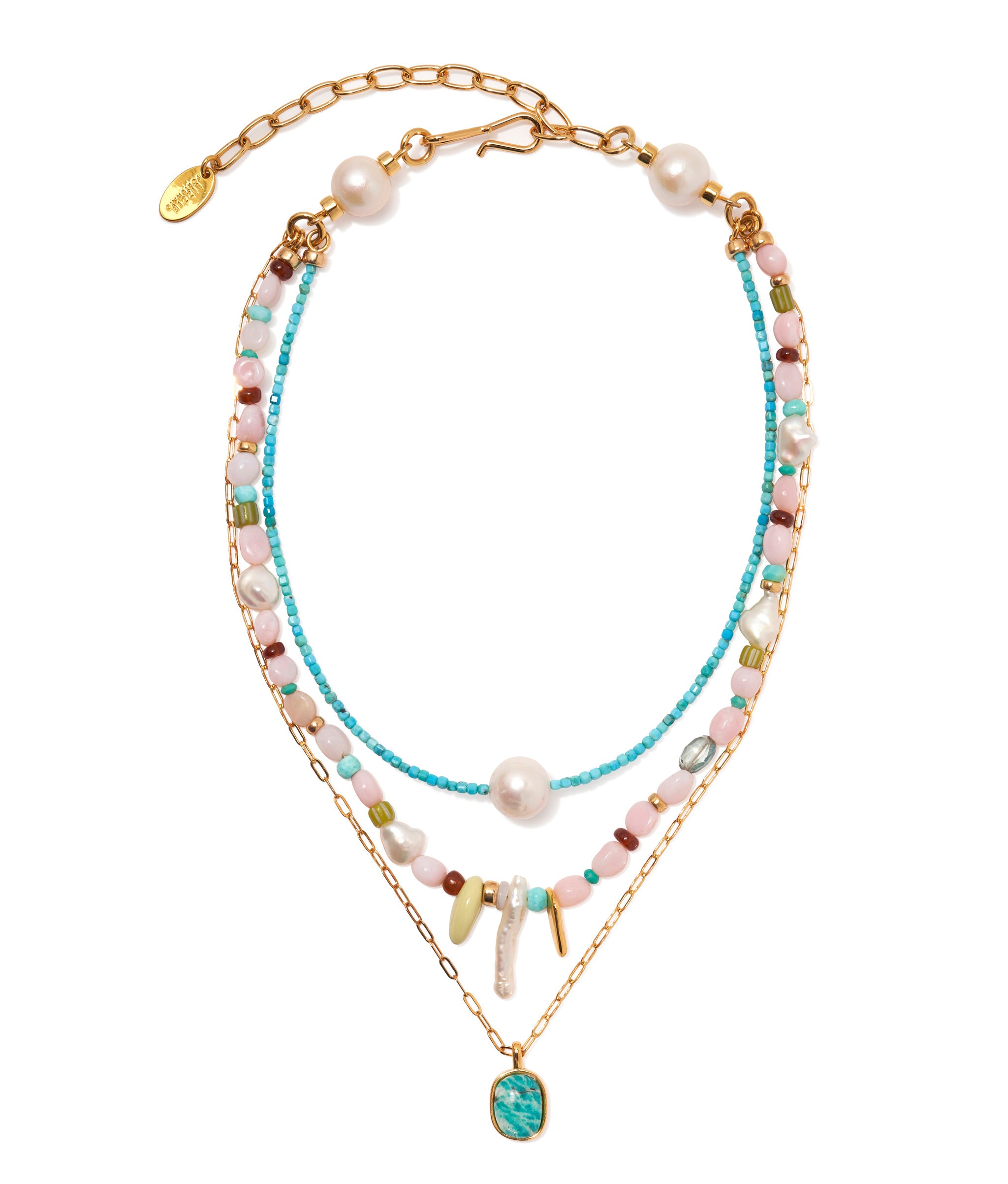 Off shore necklace in Pink Sands. Amazonite pendant, colorful opal, glass, turquoise, and garnet beads and pearl charm.