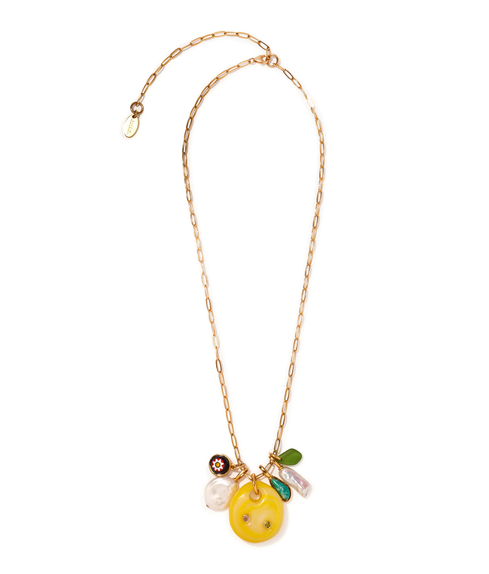 Rivas Charm Necklace. Gold chain necklace with millefiori, pearl, amazonite, sea glass charms and a yellow glass pendant