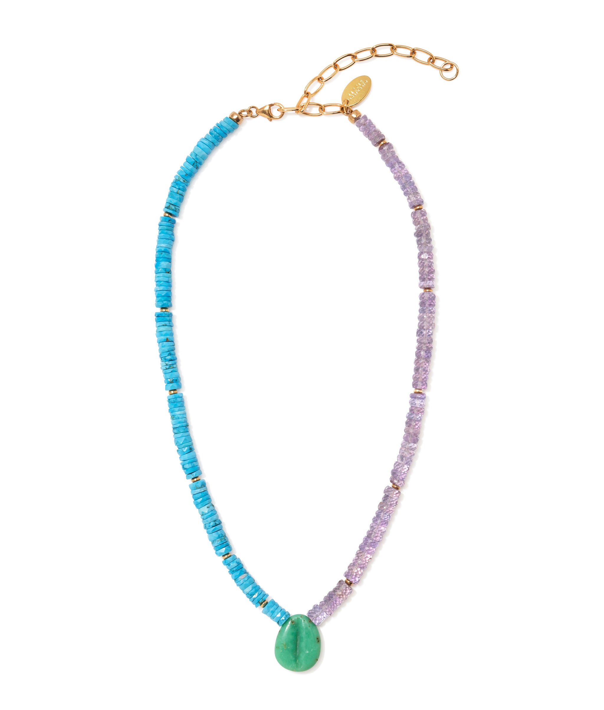 Cowrie Bead Necklace in Electric Violet. Blue howlite and amethyst beaded necklace with chrysoprase cowrie shell focal.