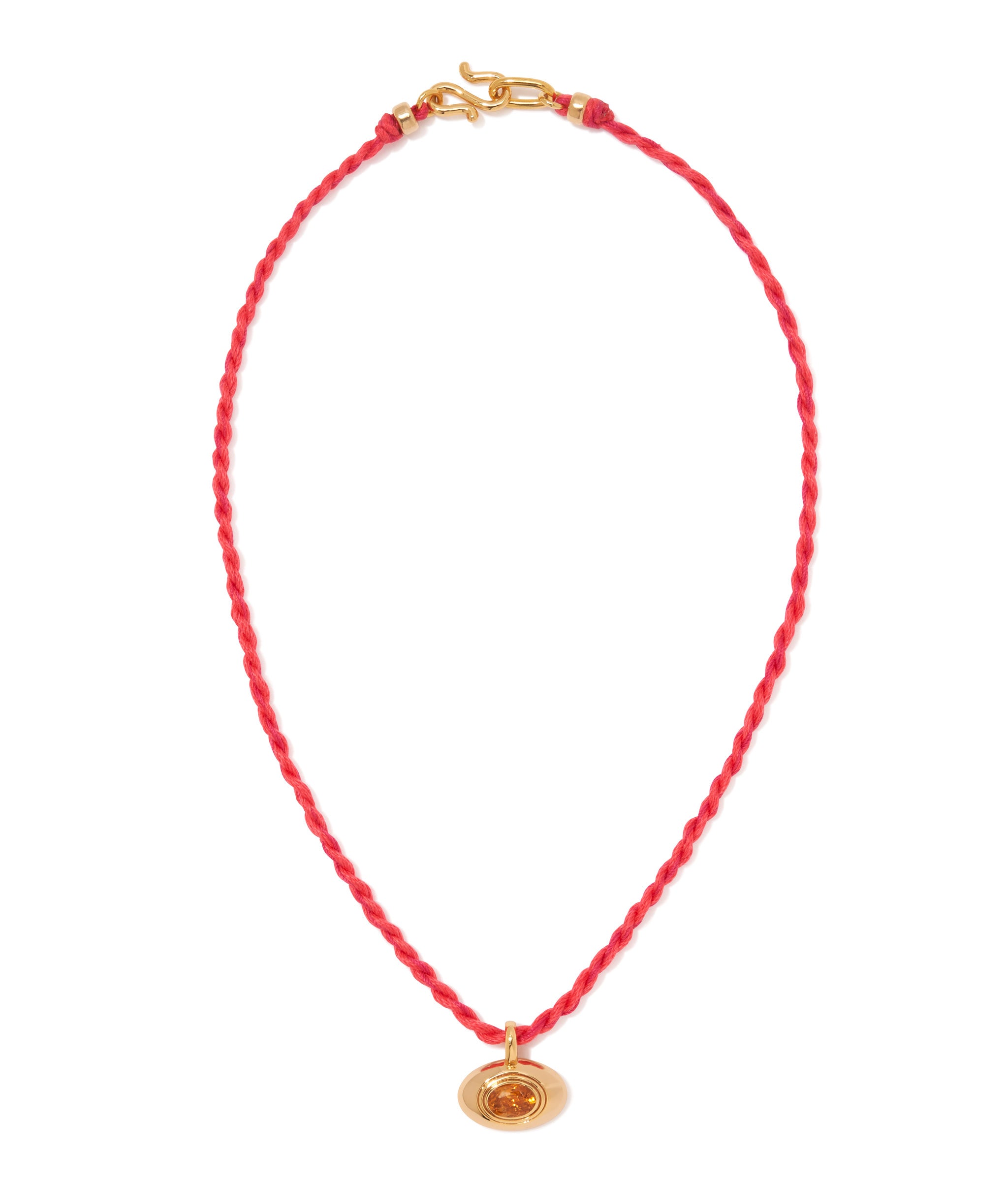Best Friend Necklace in Bougainvillea. Hand-twisted red hot cord necklace with gold oval pendant inset with citrine.