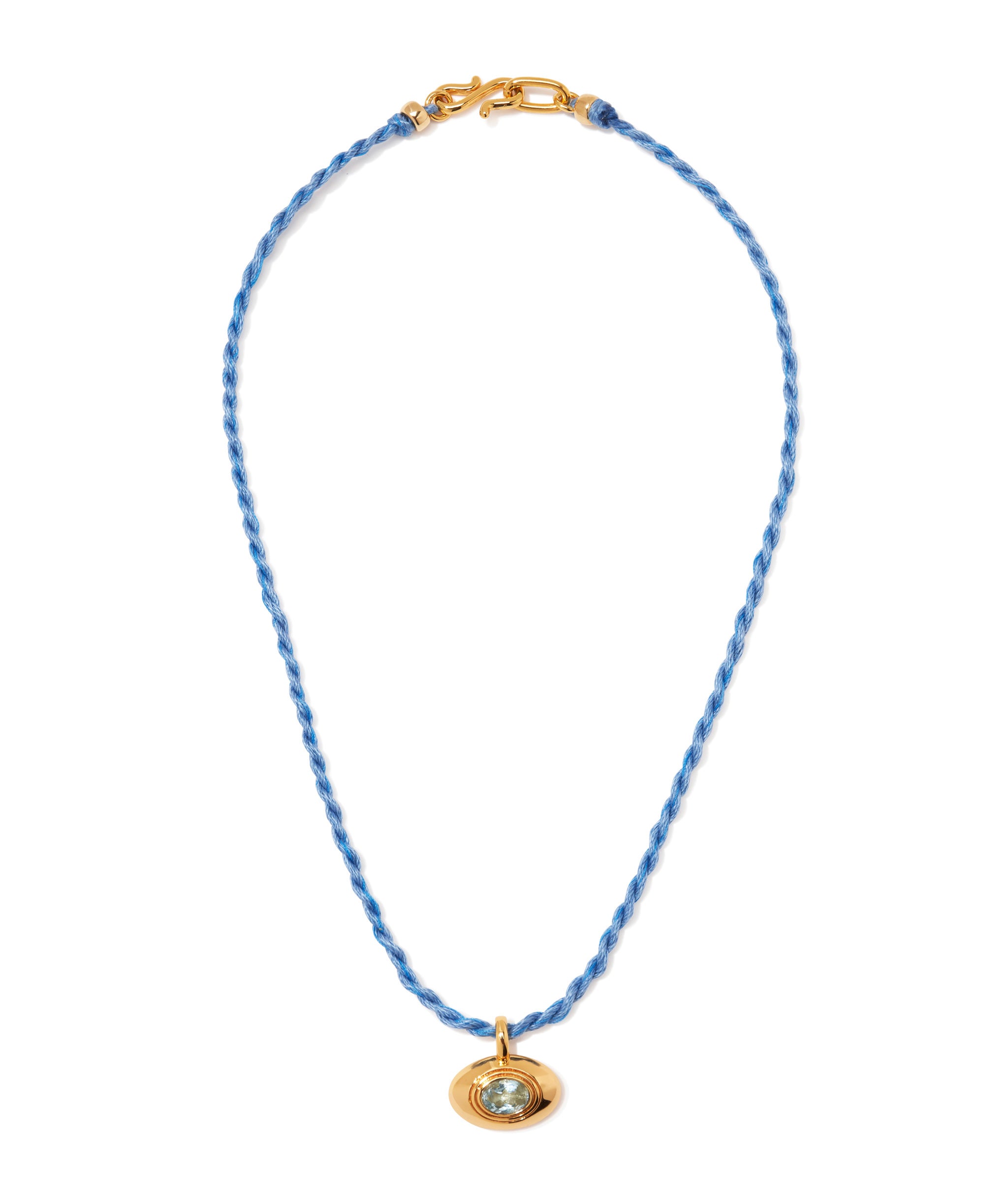 Best Friend Necklace in Lemonade. Hand-twisted yellow cord necklace, gold-plated oval pendent with blue topaz.