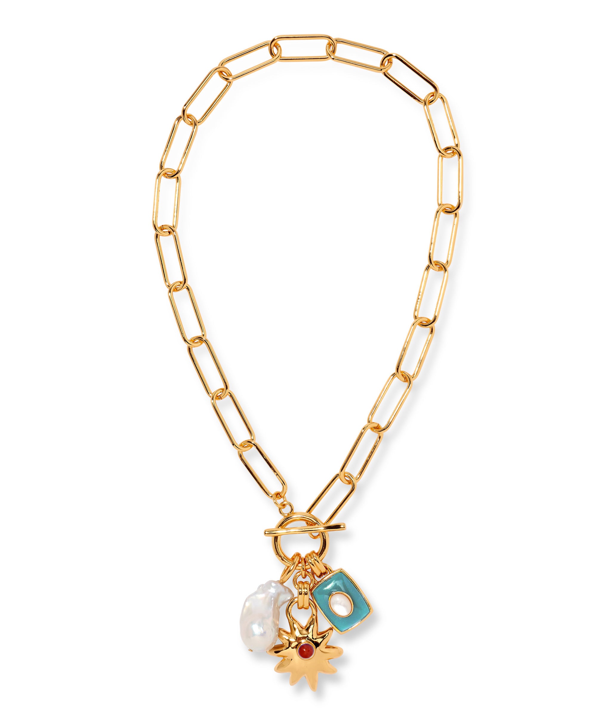 Helios Charm Necklace in Sea. Large link gold chain with pearl, gold starburst, and rectangular amazonite charms.