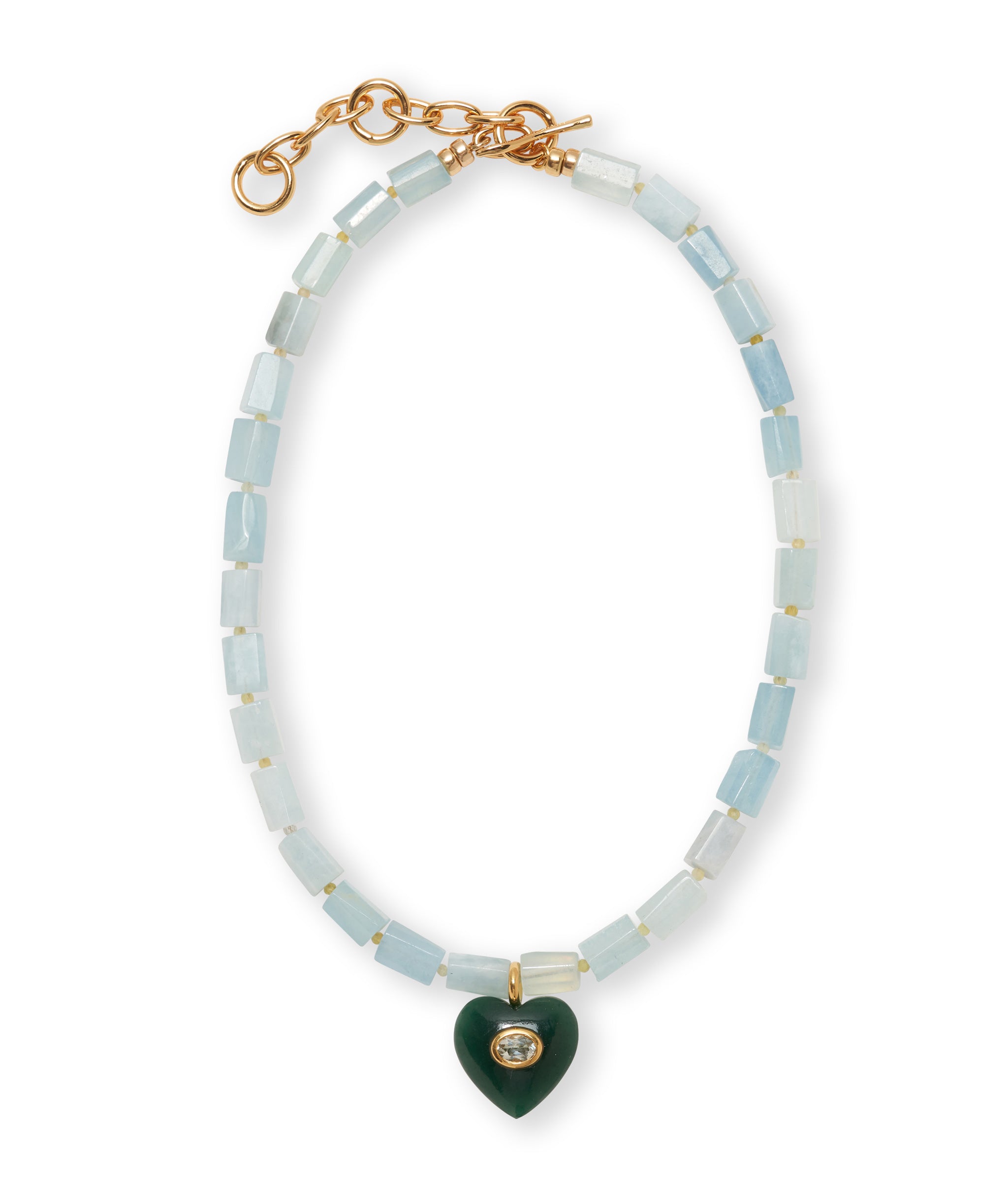 Infatuation Necklace in Jade. Beaded necklace of aquamarine and yellow opal, green jade heart with green amethyst.