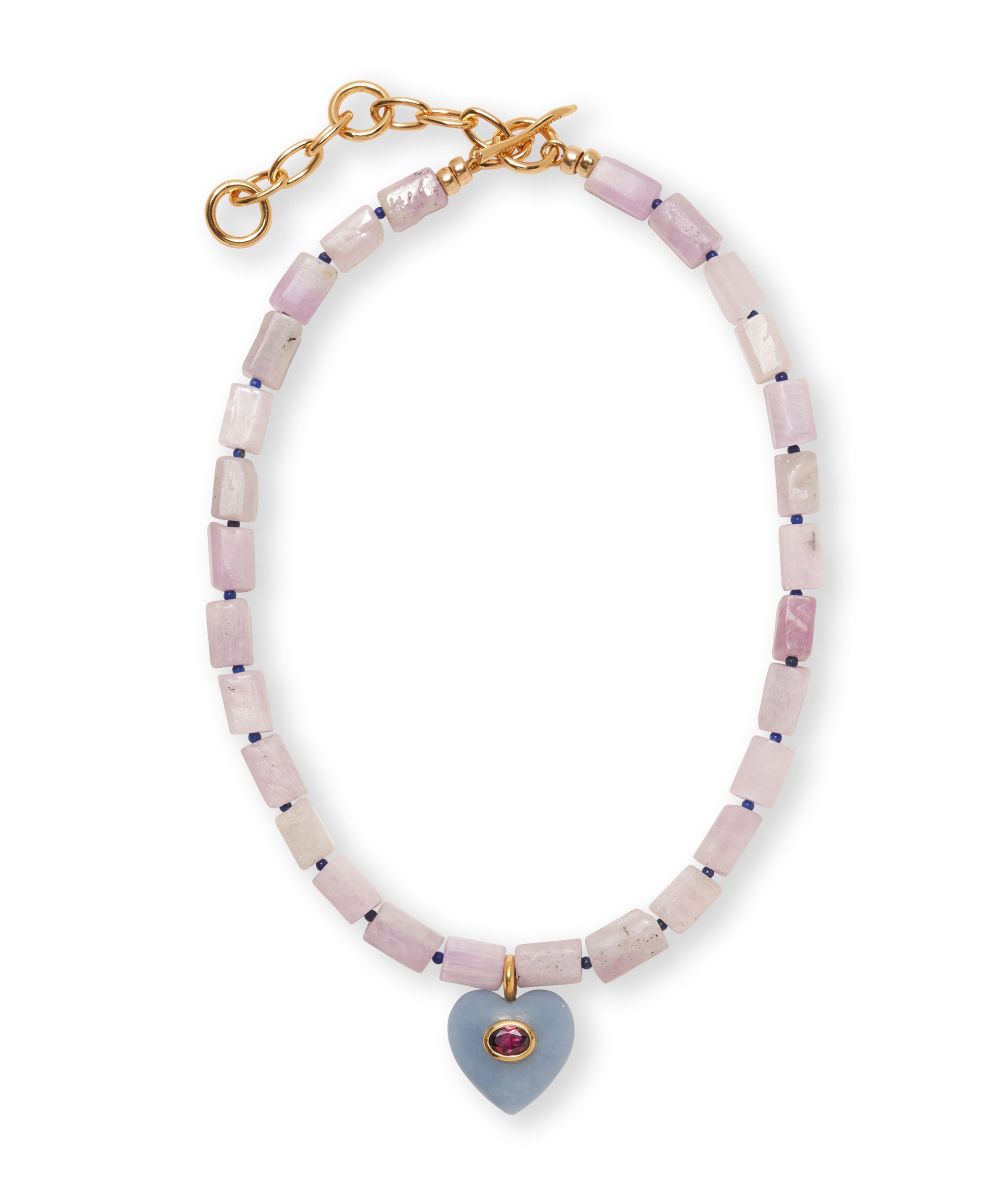 Infatuation Necklace in Angelite. Beaded necklace of kunzite and lapis, hand-carved angelite heart with pink rhodolite.