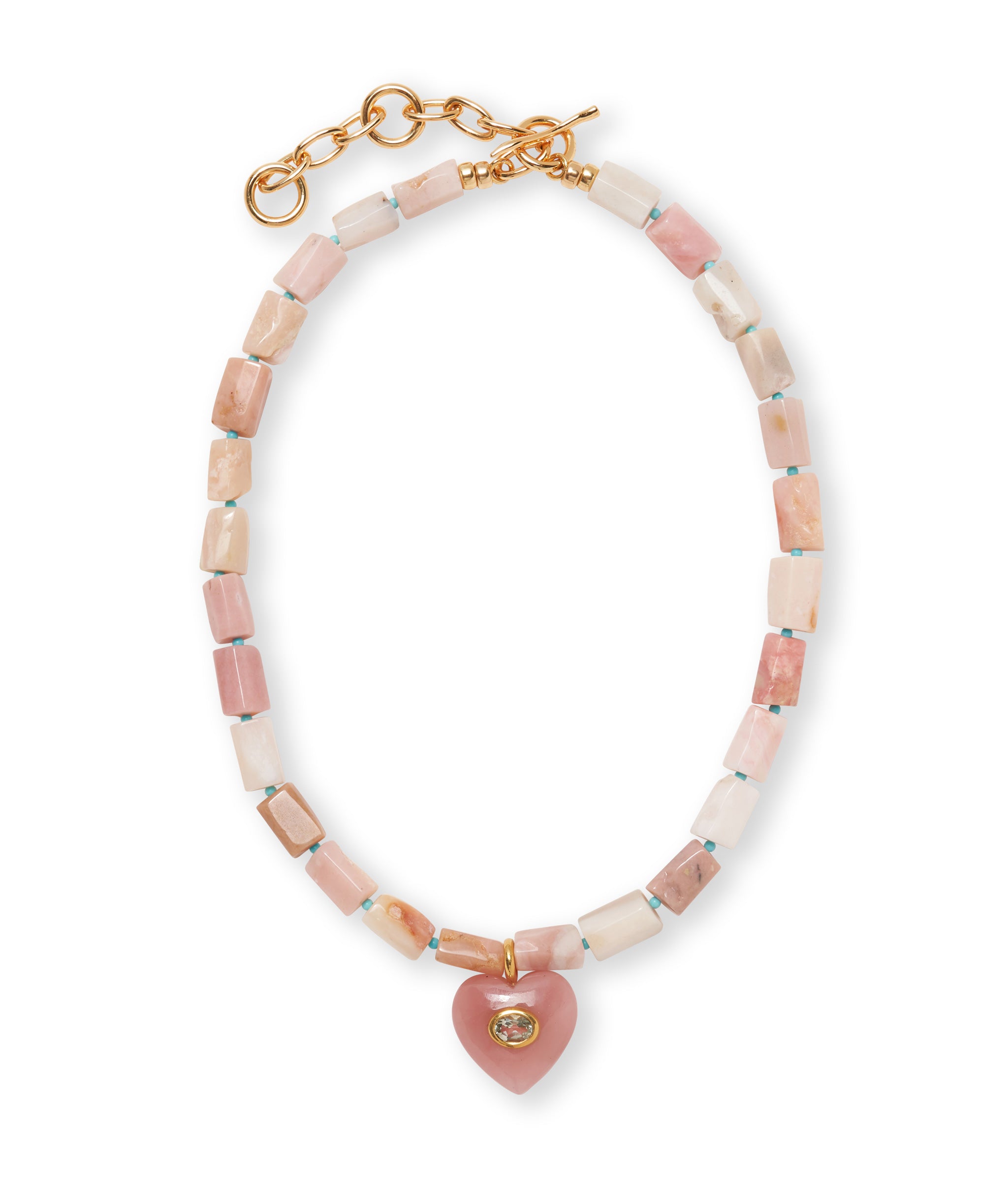 Infatuation Necklace in Guava. Beaded necklace of pink opal and turquoise, guava pink quartz heart with green amethyst.