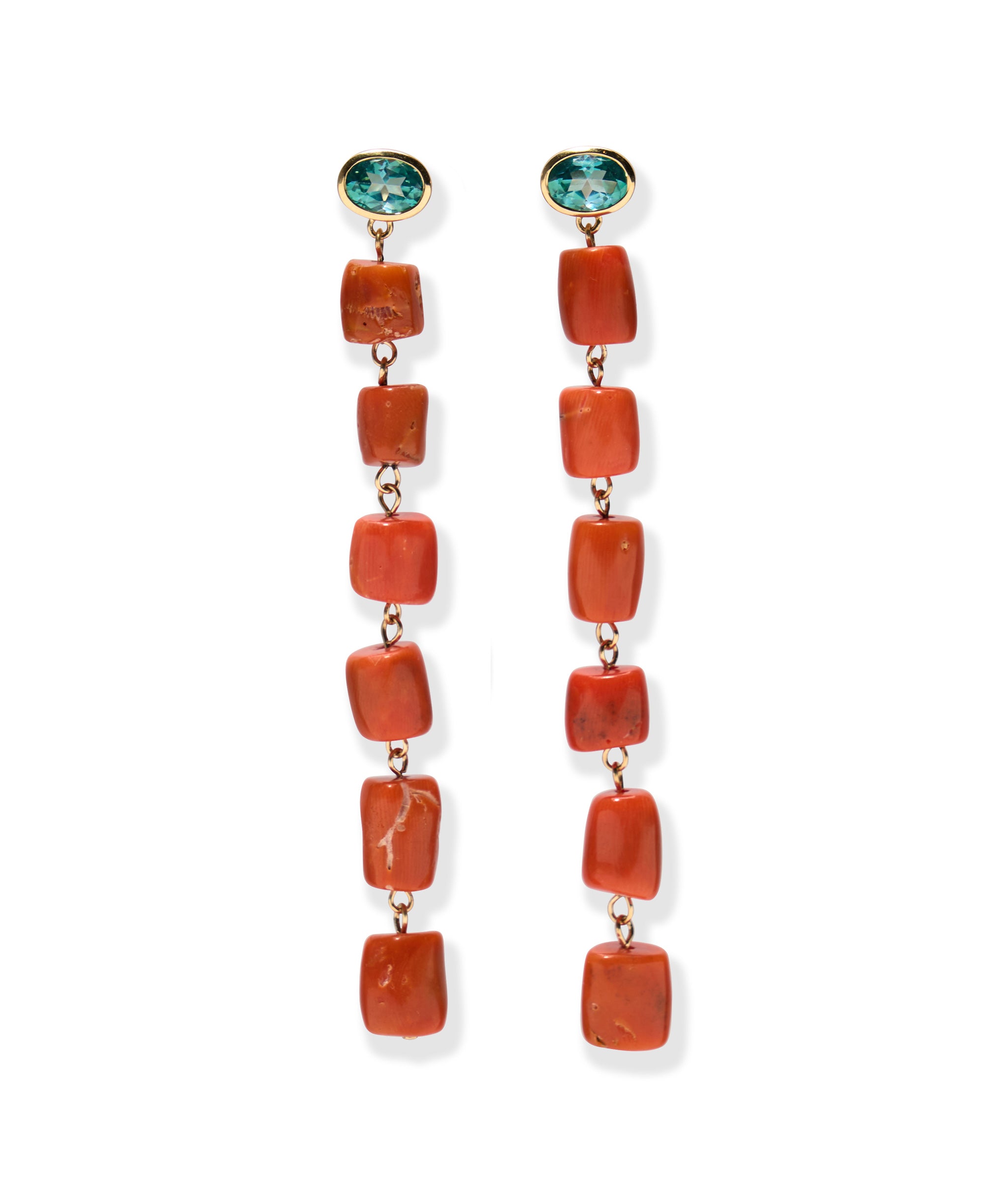 14k Gold Column Earrings in Green Quartz & Antique Mediterranean Coral