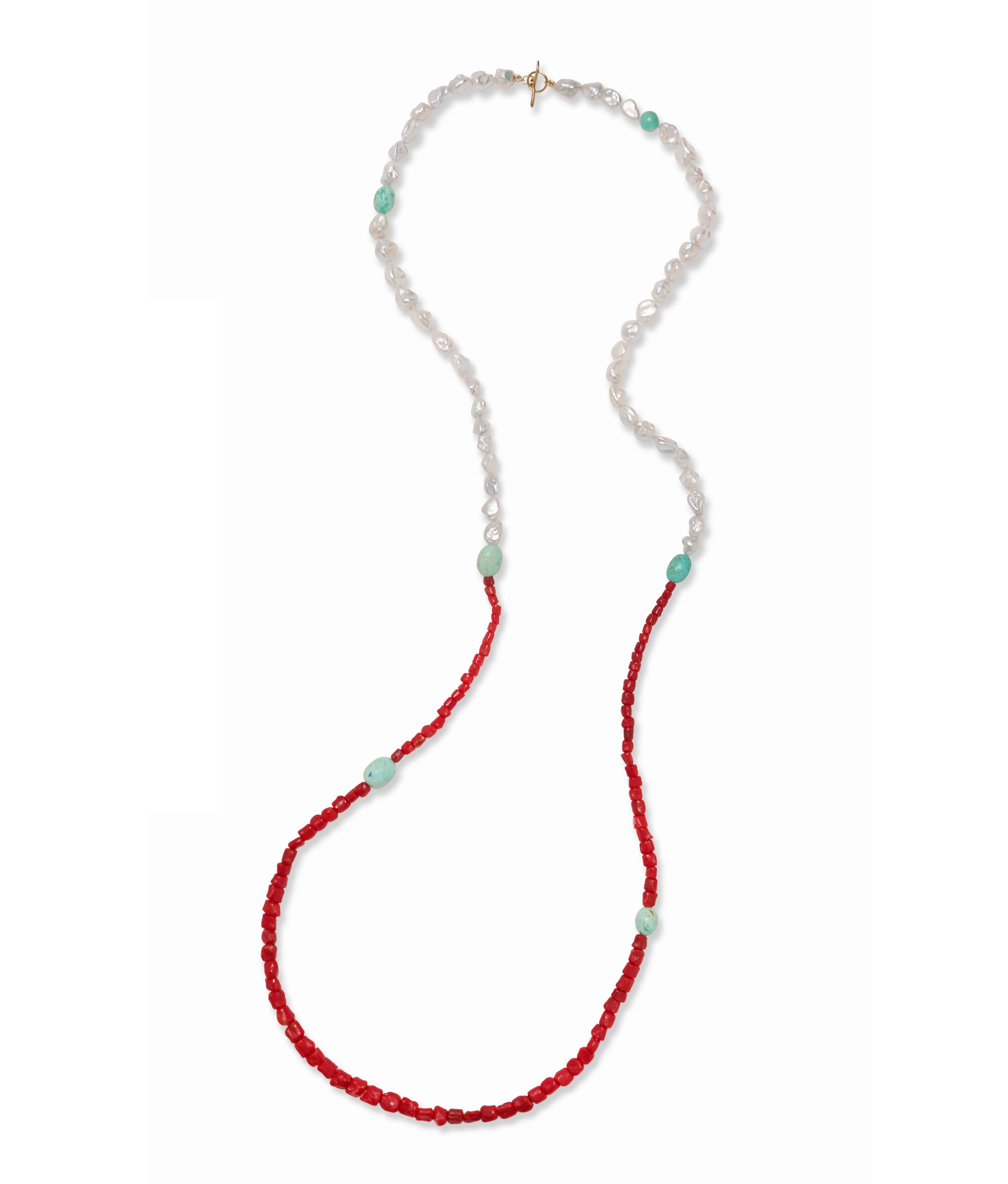 14k Gold Cabana Necklace in Mediterranean Coral, Pearl & Turquoise