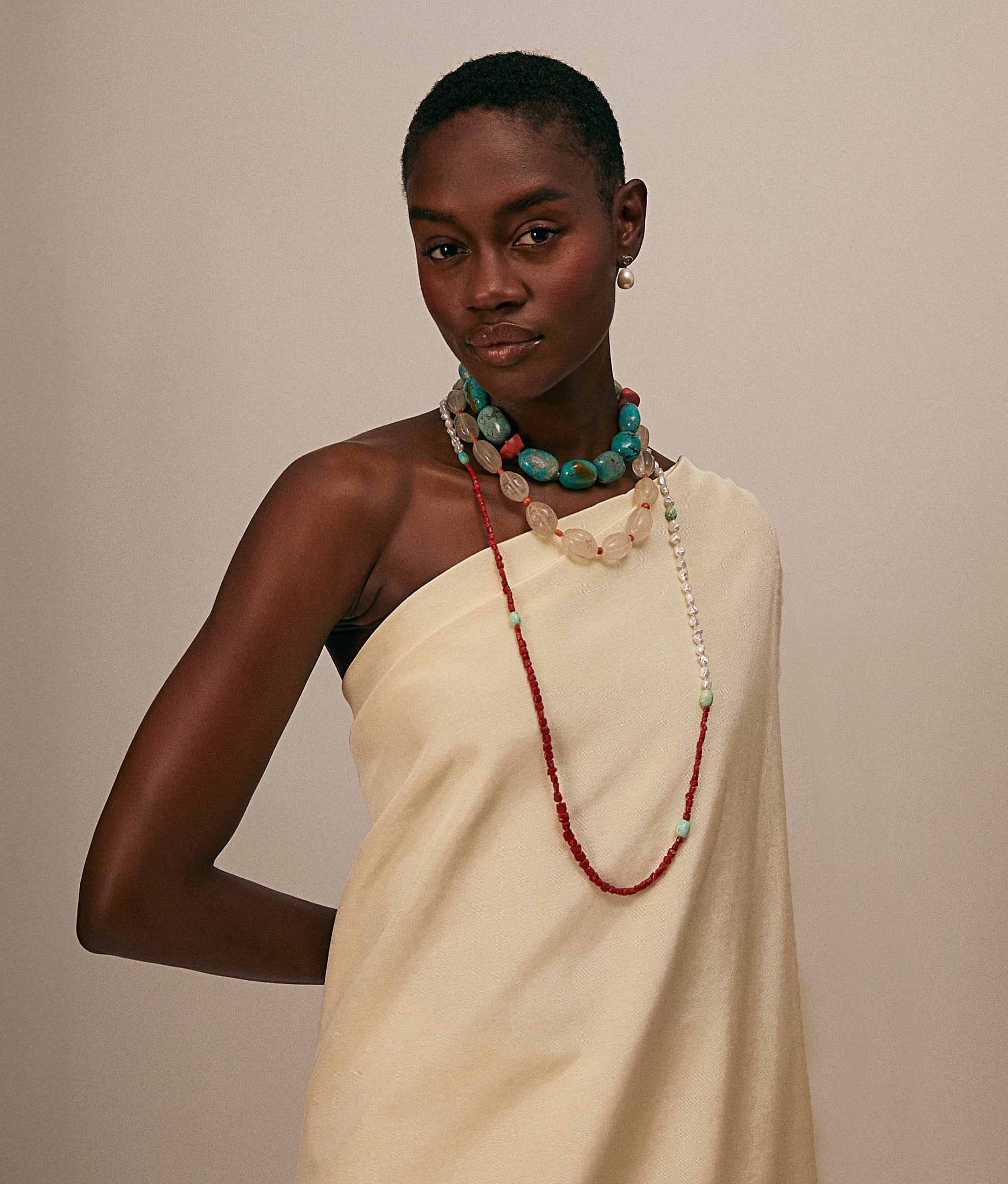 14k Gold Cabana Necklace in Mediterranean Coral, Pearl & Turquoise