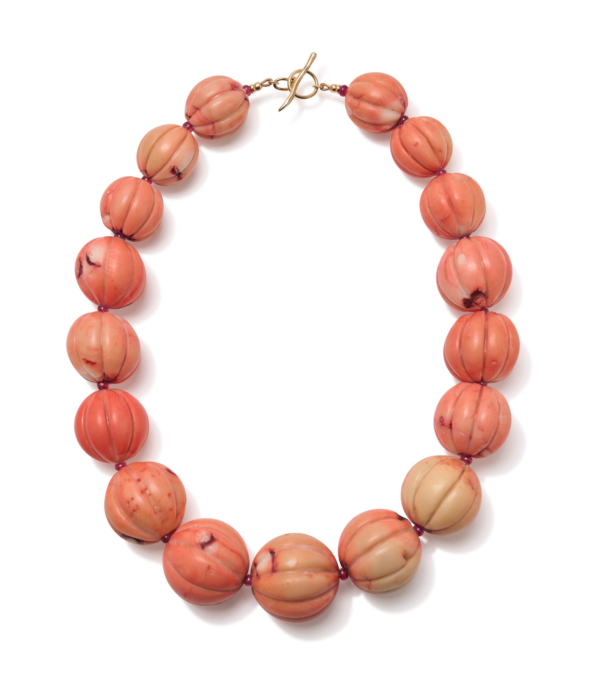 Carved Coral & Ruby 14k Gold Necklace