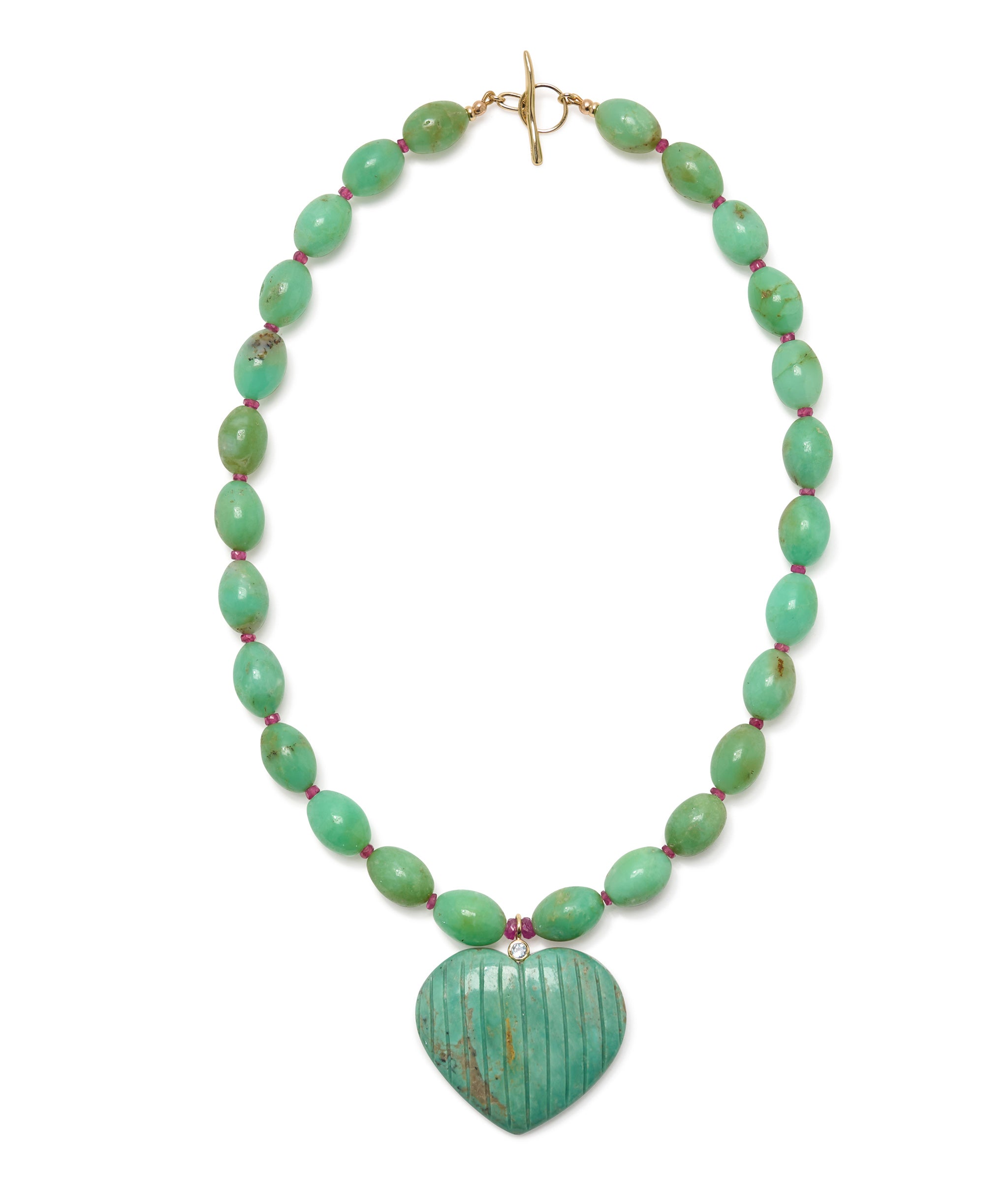 Chrysoprase & Ruby 14k Gold Necklace with Carved Turquoise Heart Pendant