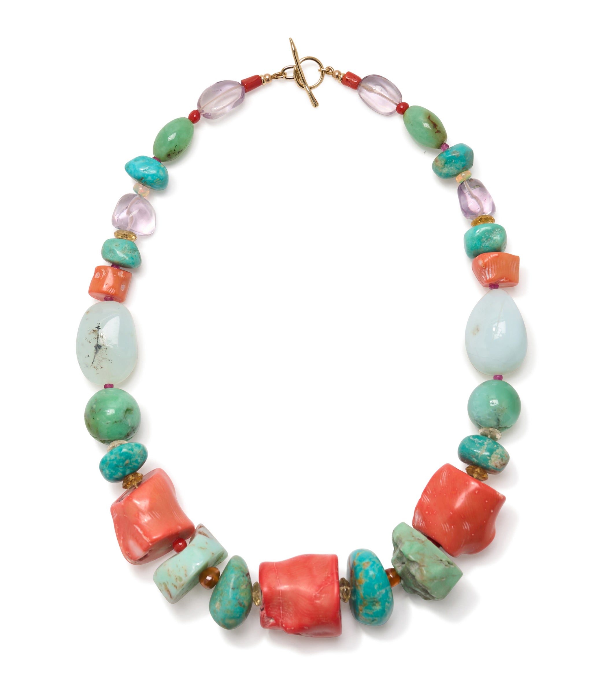 Mixed Turquoise, Coral & Amethyst 14k Gold Necklace