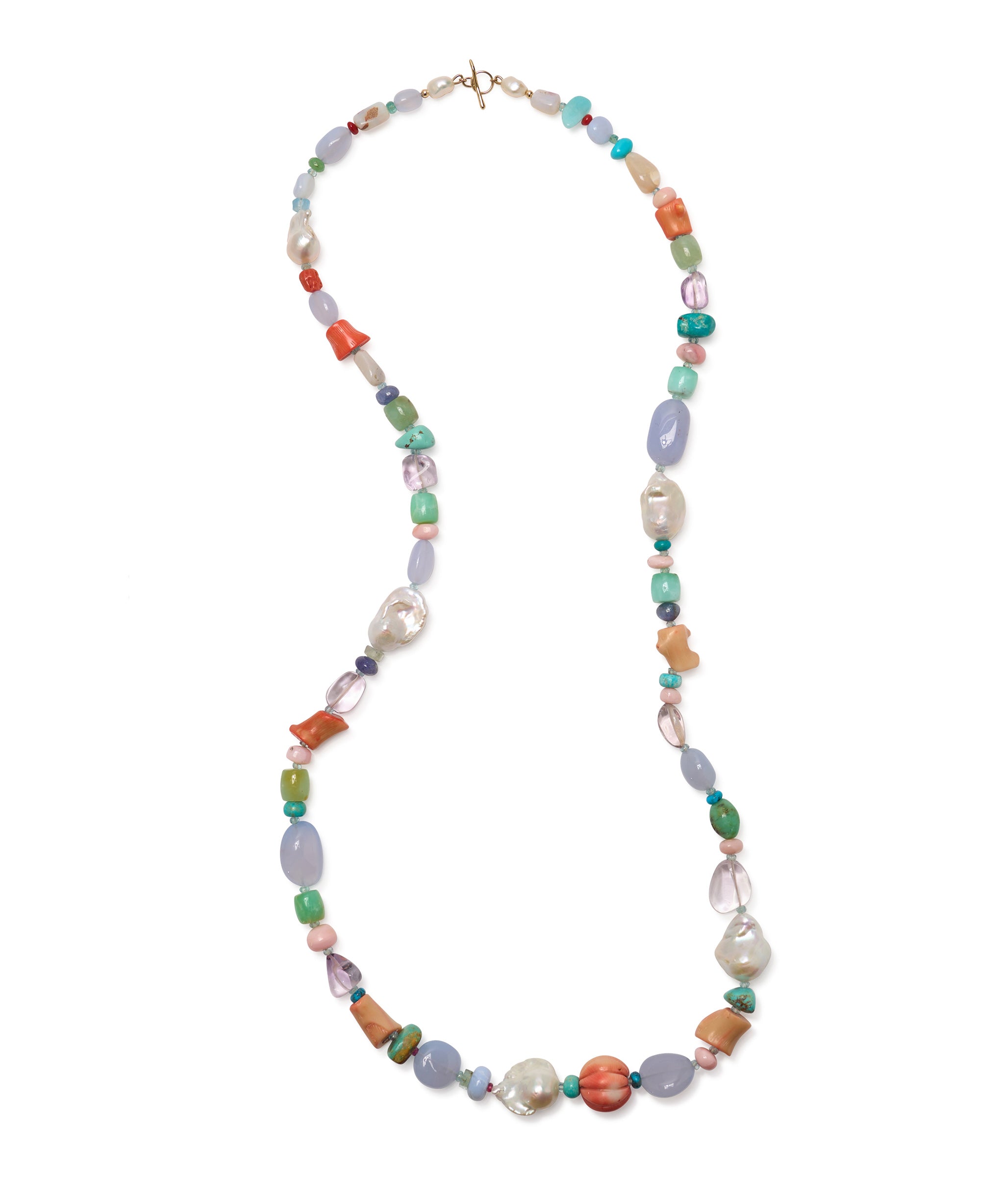 14k Gold Double-Wrap Necklace in Mixed Turquoise, Coral, Amethyst & Pearl