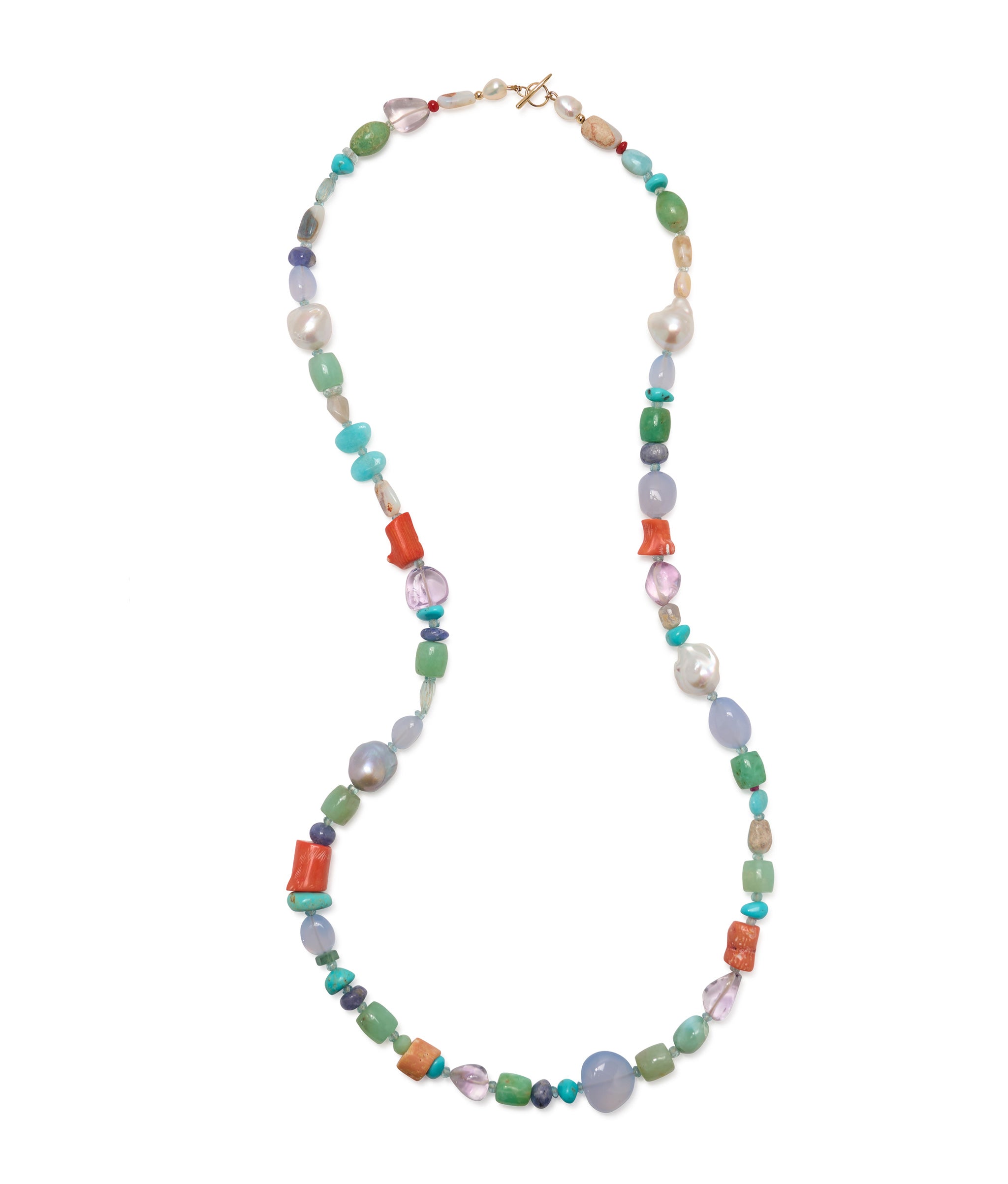 14k Gold Double-Wrap Necklace in Mixed Blue Chalcedony, Coral, Chrysoprase, Turquoise & Pearl