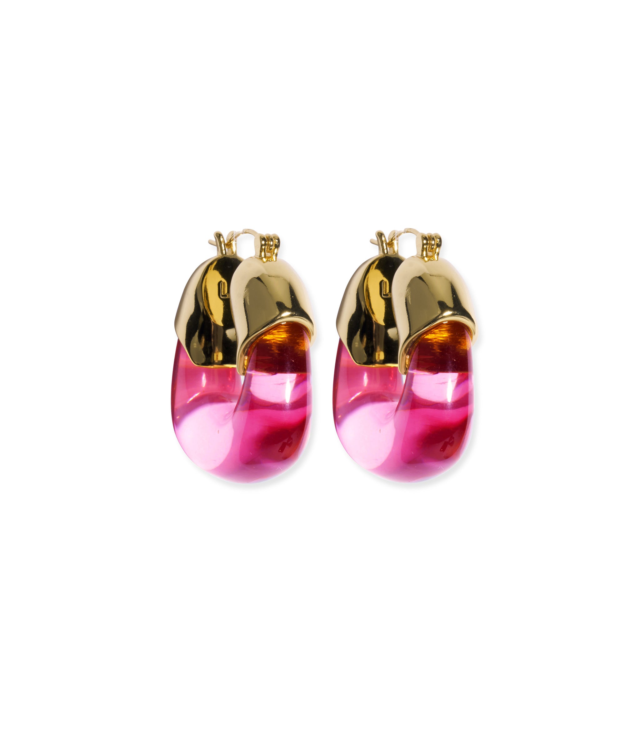 Organic Hoops in Flamingo. Gold plated hoop earrings with transparent bring pink-colored resin.