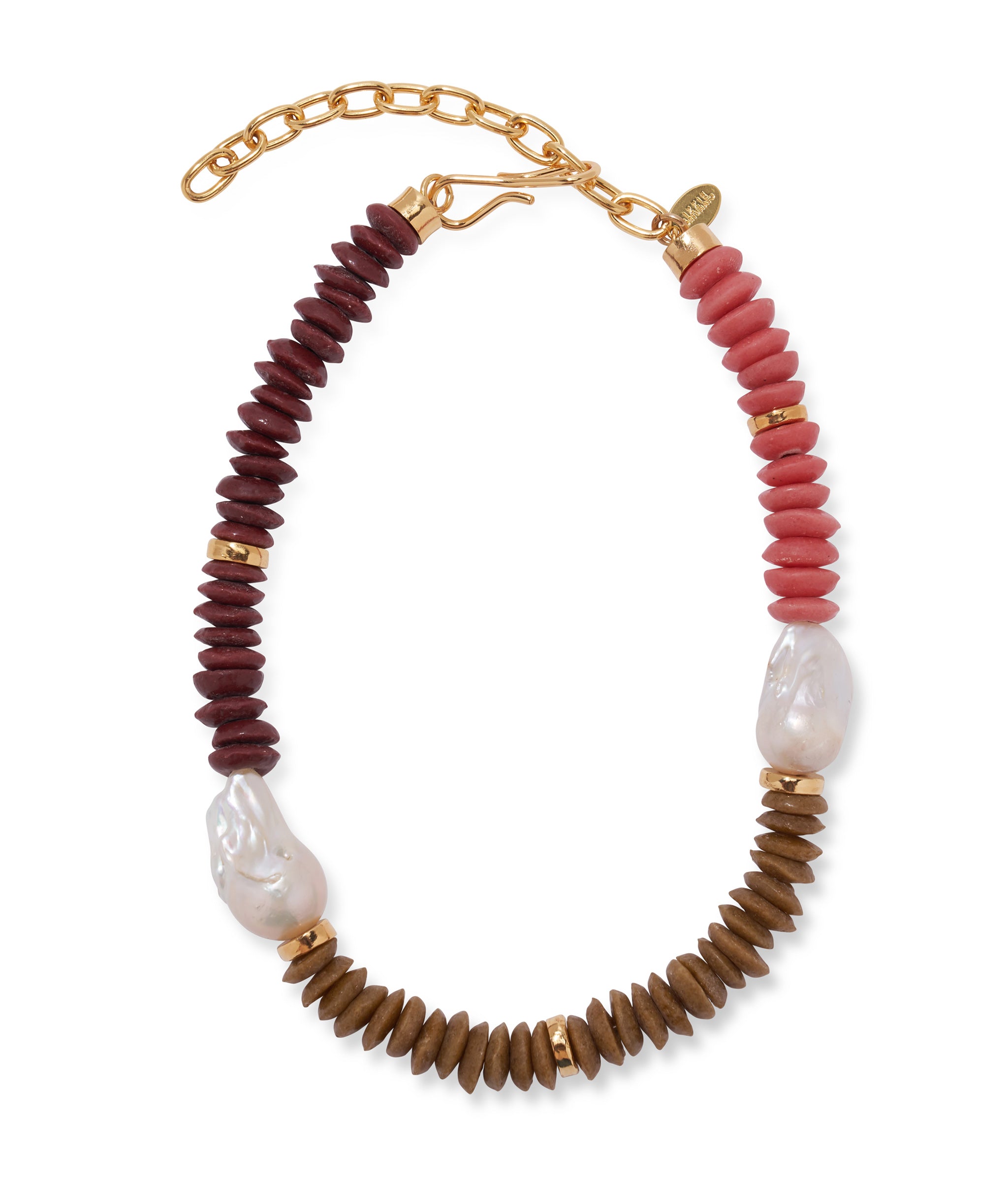 Tavira Necklace in Lichen. Color-blocked glass Ashanti beads in burgundy, dark tan and pink, with pearl accents.