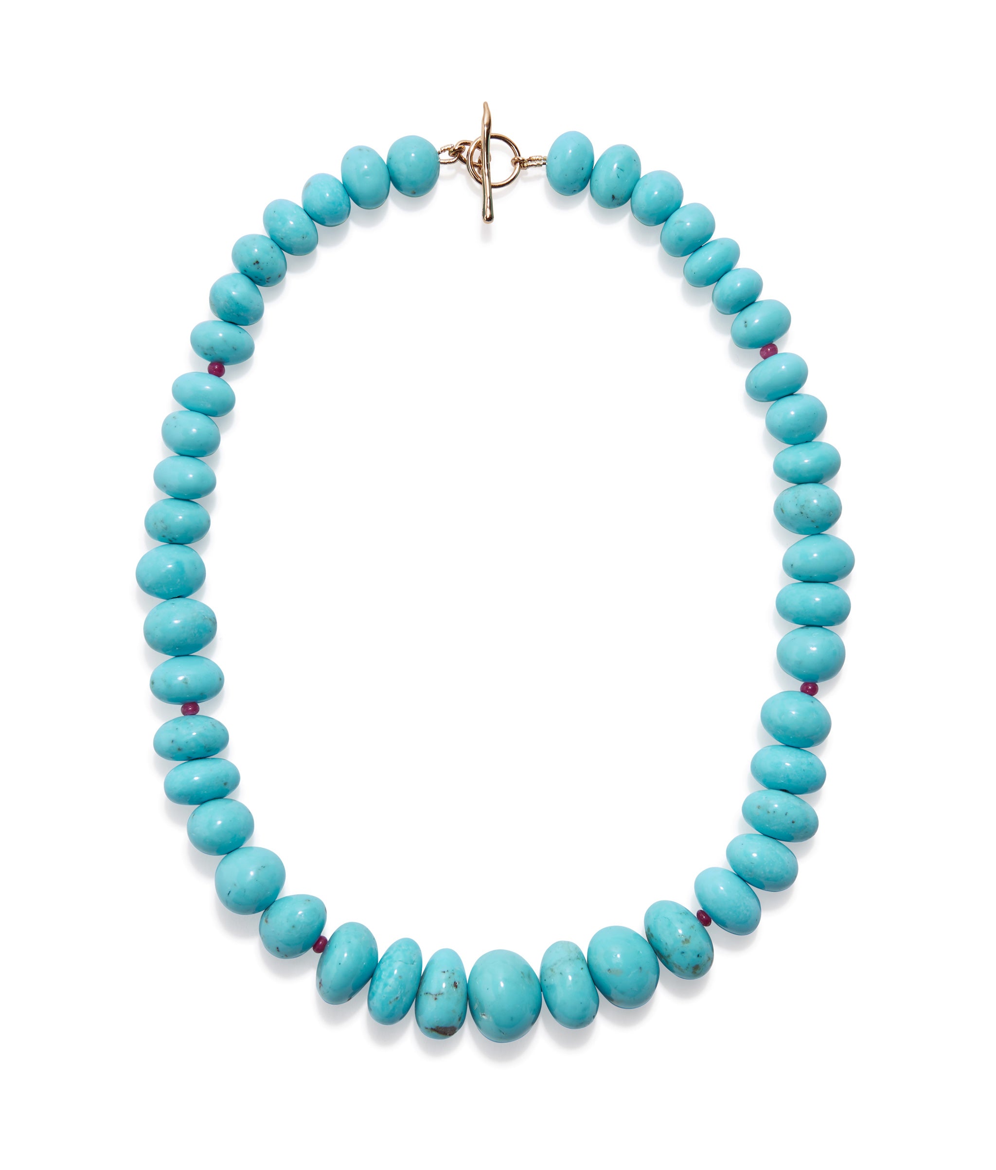 Large Graduated Turquoise & 14k Gold Necklace. Chunky blue turquoise beads dotted with tiny rubies, with gold closure.