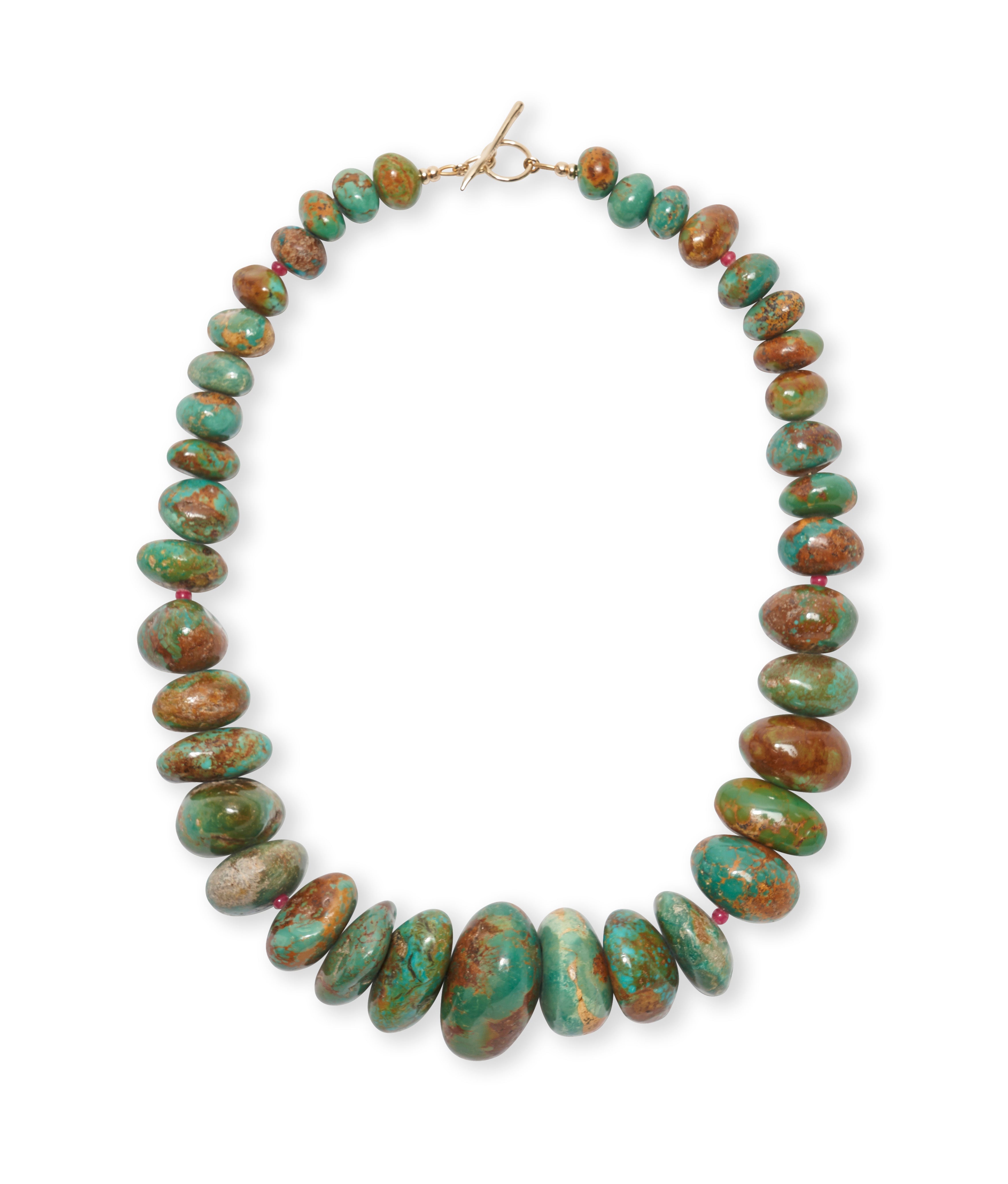 Large Green Brown Chunky Turquoise & 14k Gold Necklace