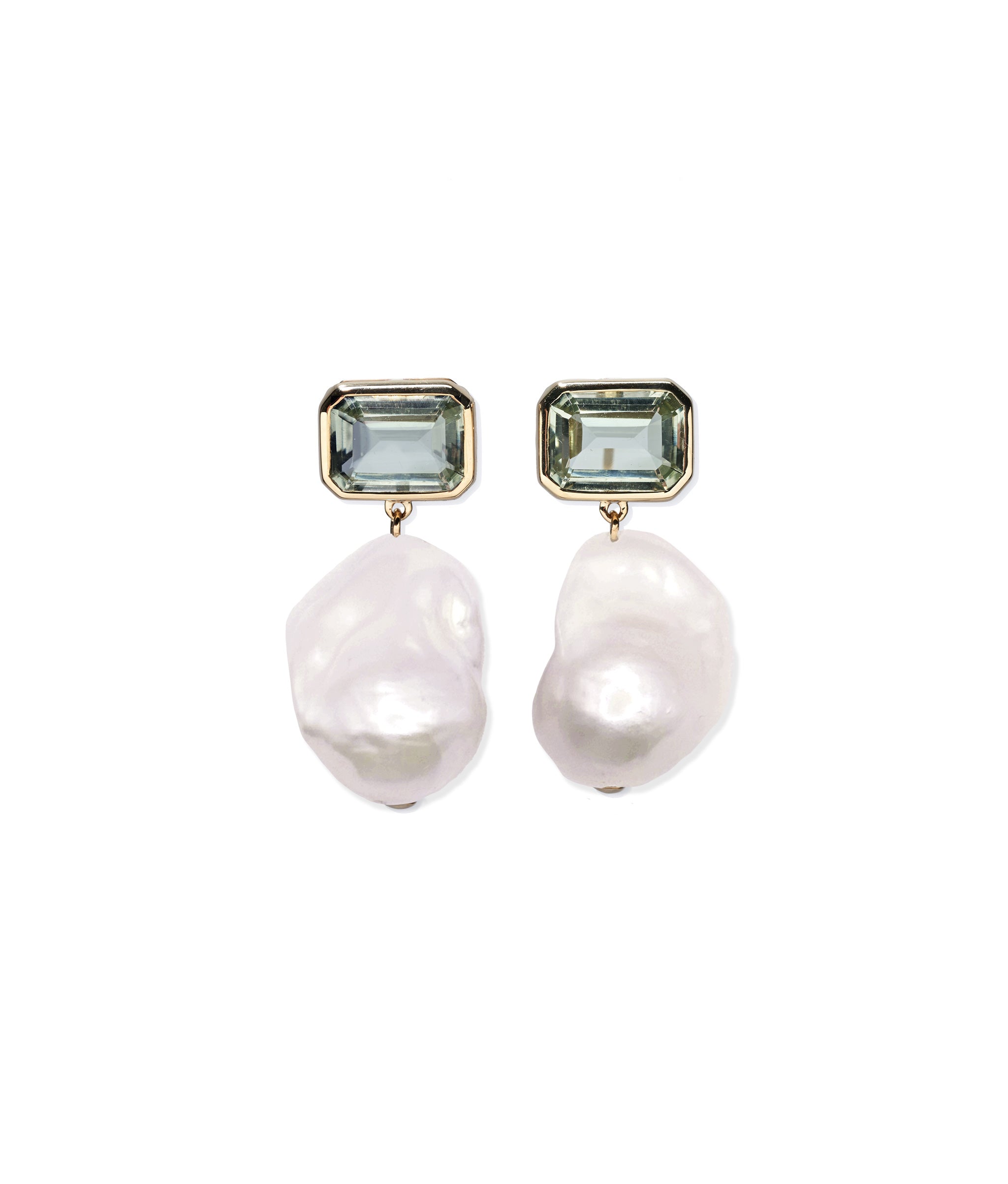 14k Gold Juno Earrings in Green Amethyst. Pair with alternate-shaped pearls.