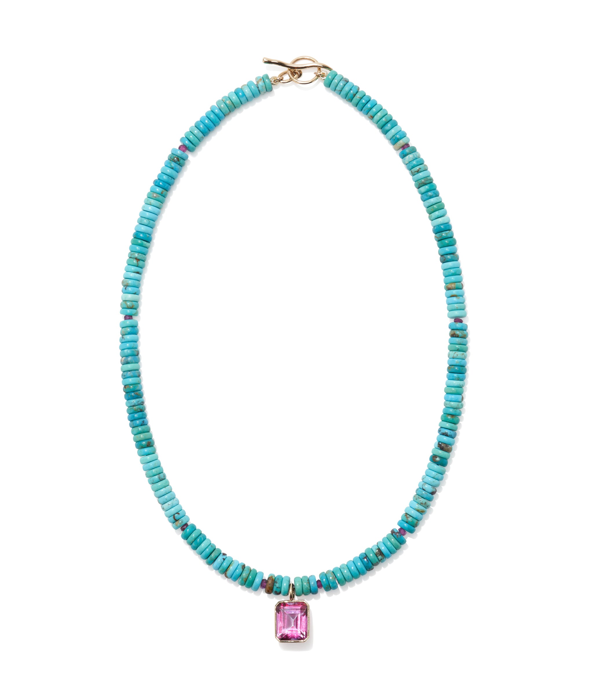 Turquoise & 14k Gold Charm Necklace in Pink Topaz