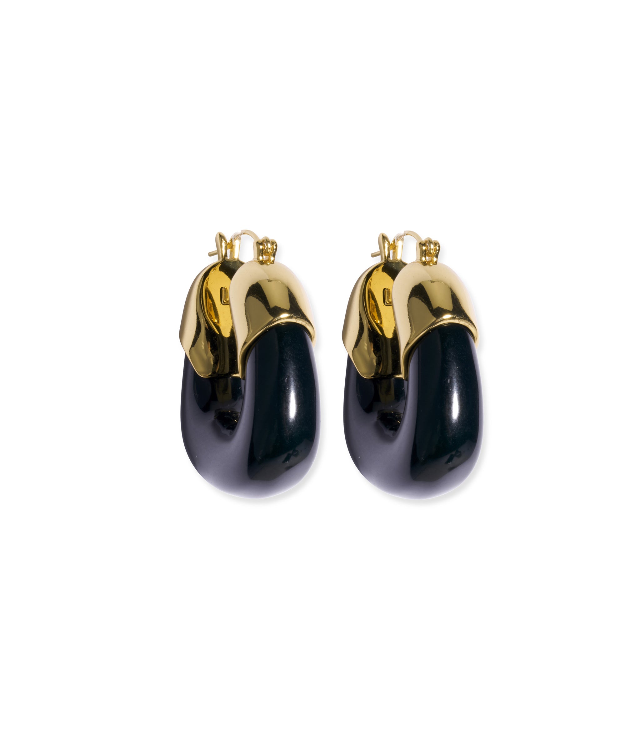 Close-up of Organic Hoops In Midnight  pair of gold-plated hoop earrings with shiny black resin.