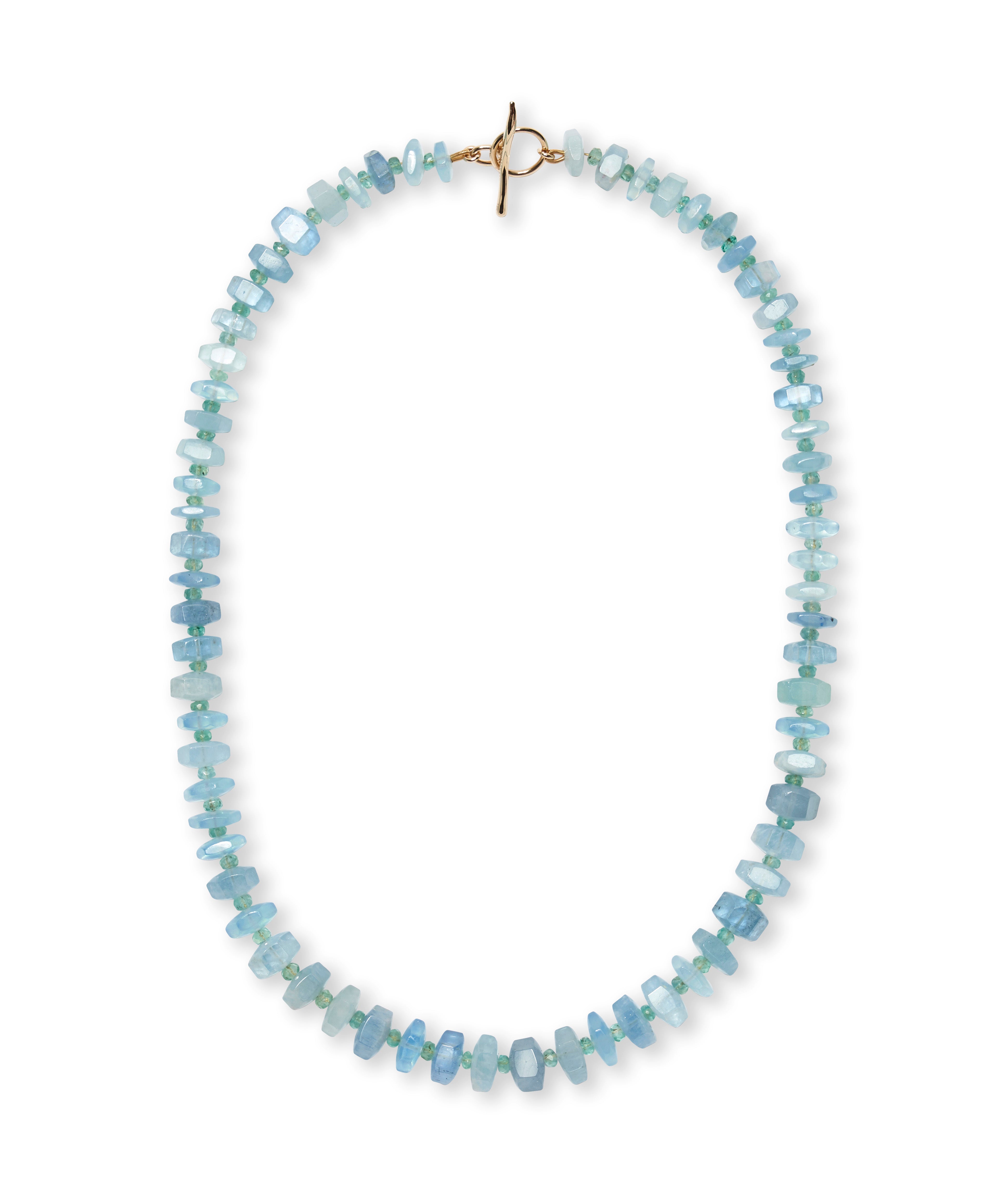 Aquamarine, Emerald & 14k Gold Necklace. Aquamarine and emerald beaded collar necklace with 14k gold toggle & closure.