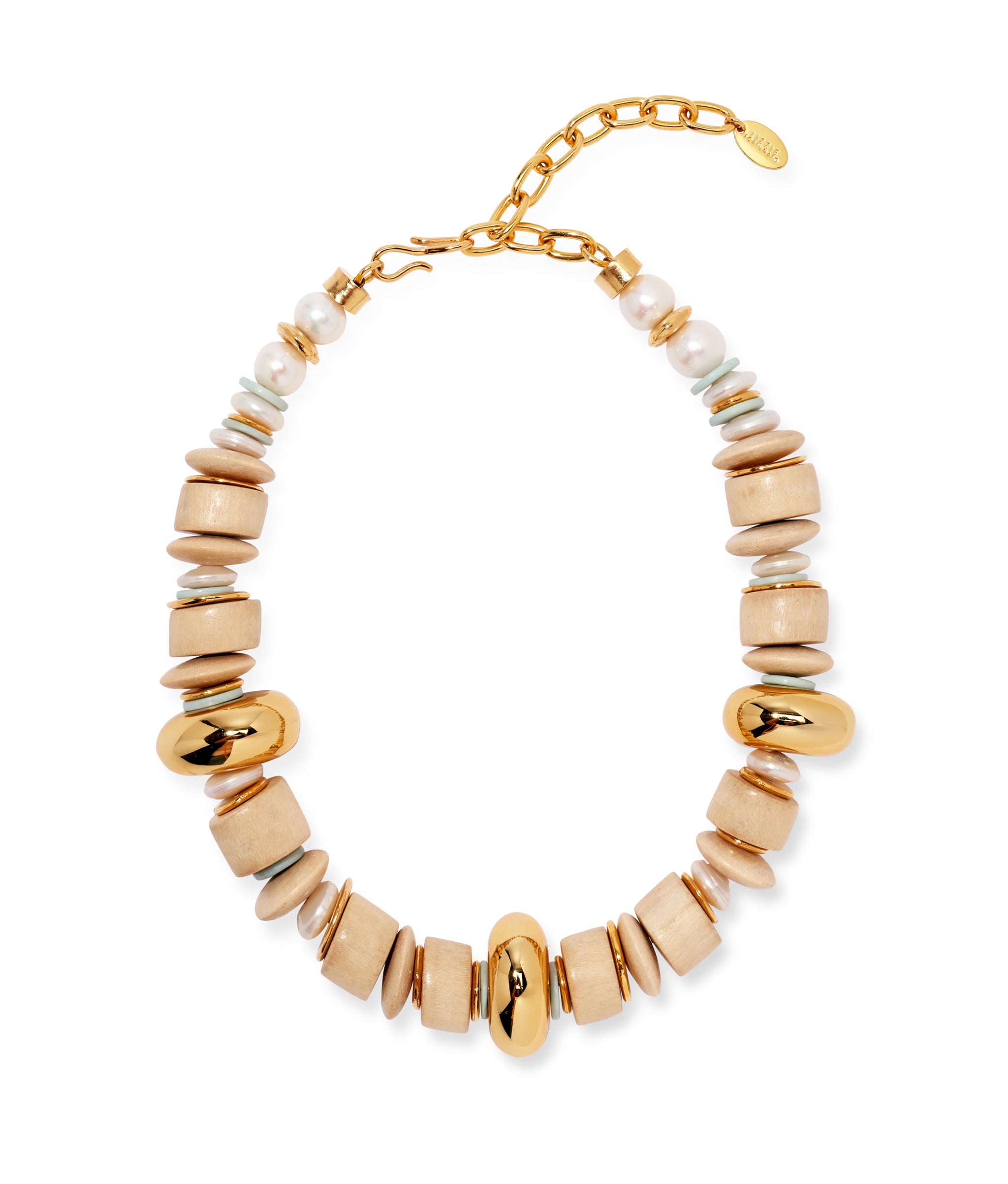 Interval Collar. Chunky beaded necklace in white wood with bone, freshwater pearl, and oversized gold accents.