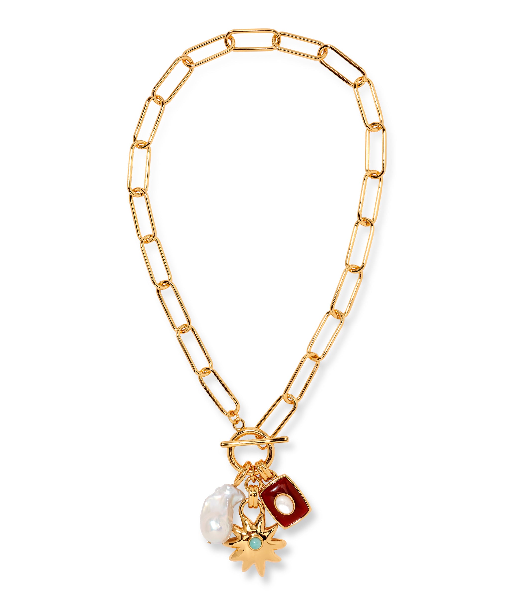 Helios Charm Necklace. Oversized gold chain link necklace with front toggle closure and trio of charms.