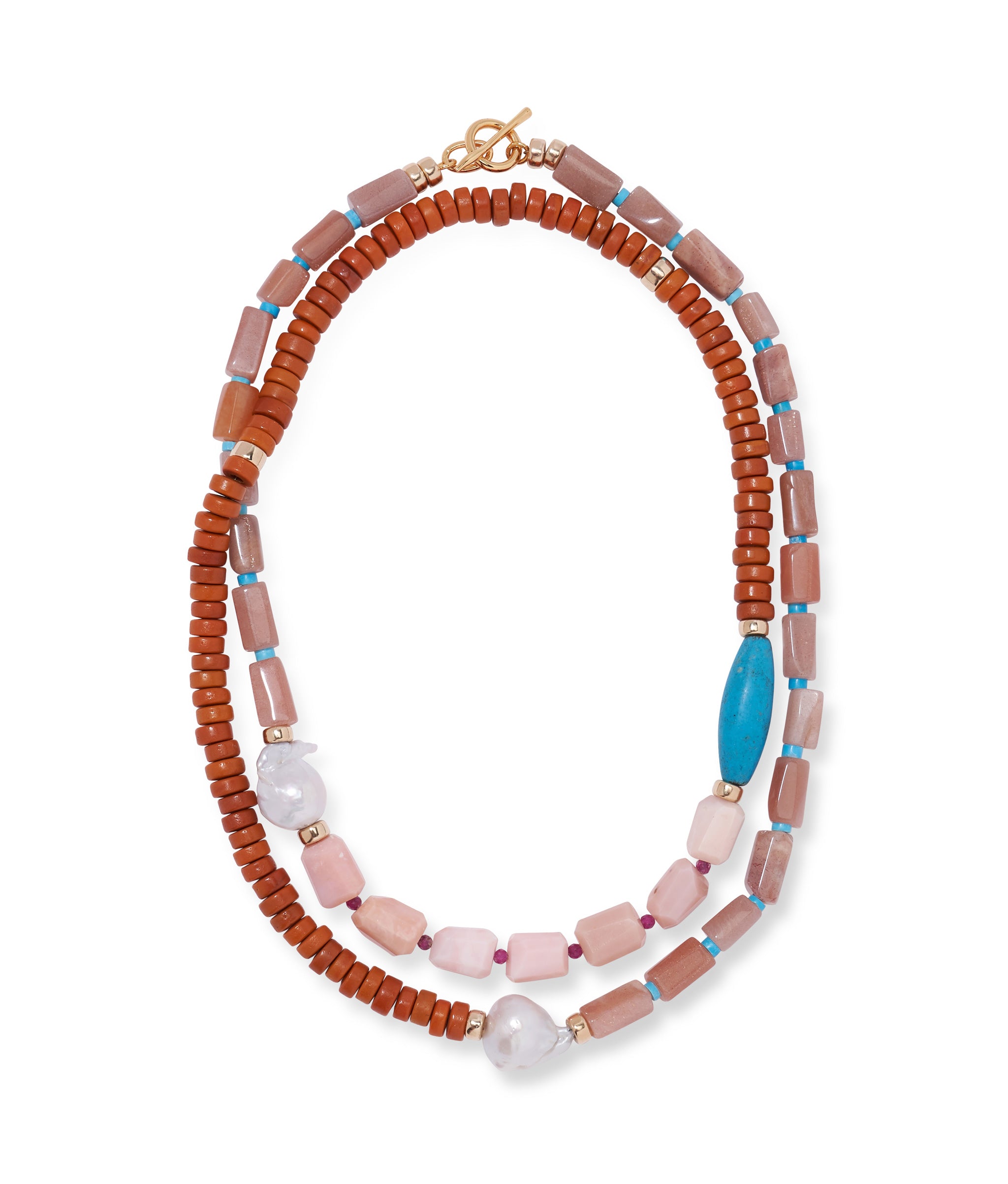 Cabana Necklace in Savannah. Necklace looped around twice with pink and honey brown glass, semiprecious beads and pearls