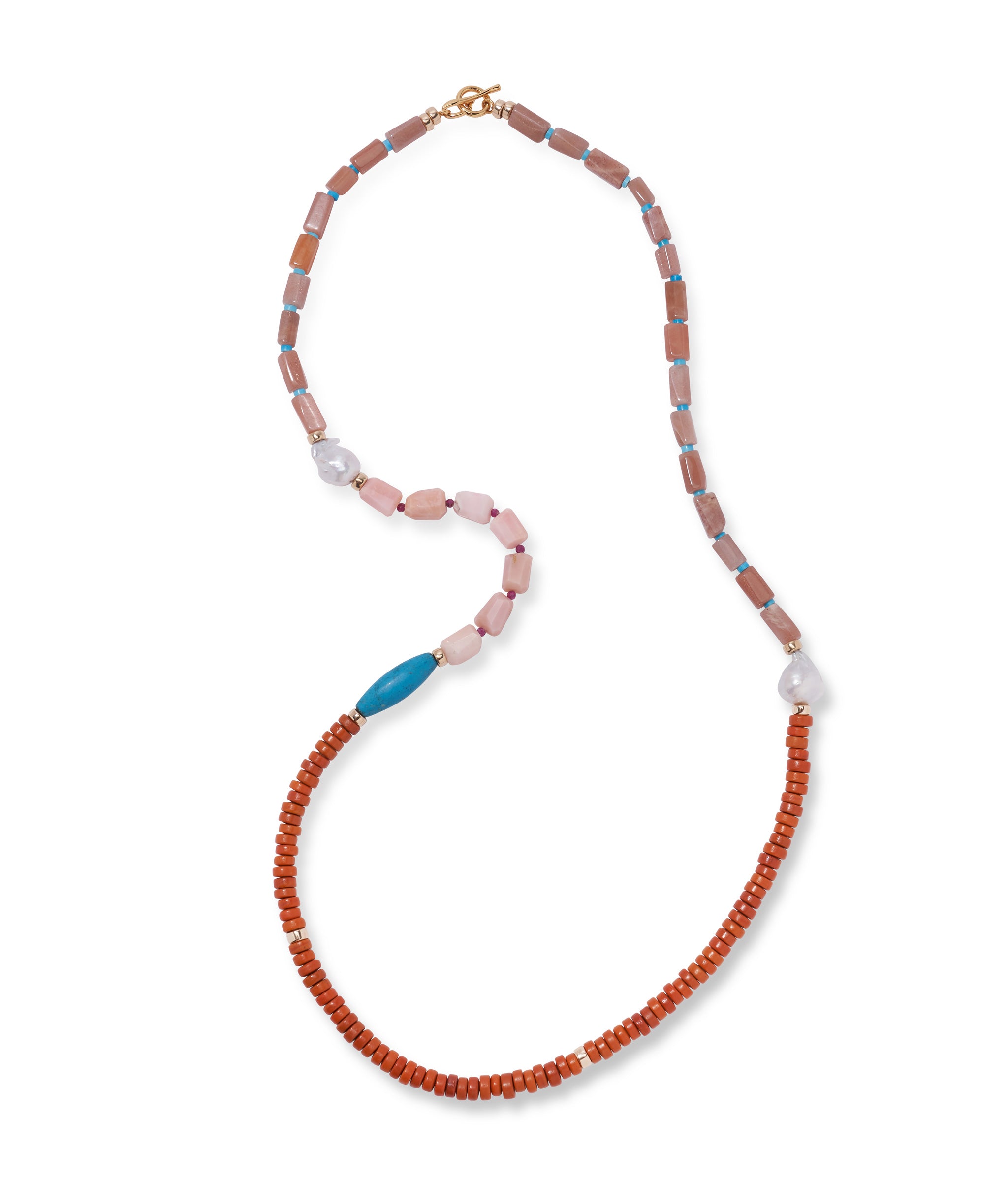 Cabana Necklace in Savannah. Long necklace with pink and honey brown glass, semiprecious beads and pearls.