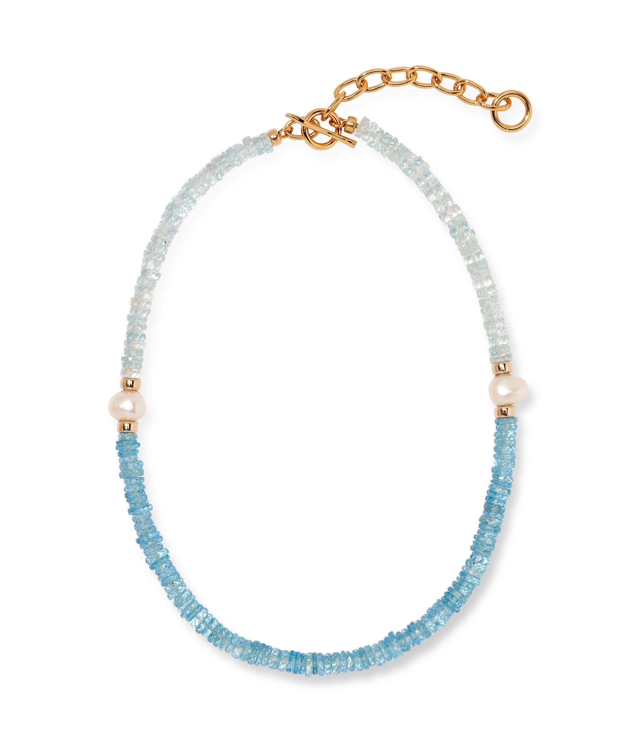 Rock Candy Necklace in Blue Crush. Color-blocked beads in sky and deep blue topaz, with freshwater pearl accents