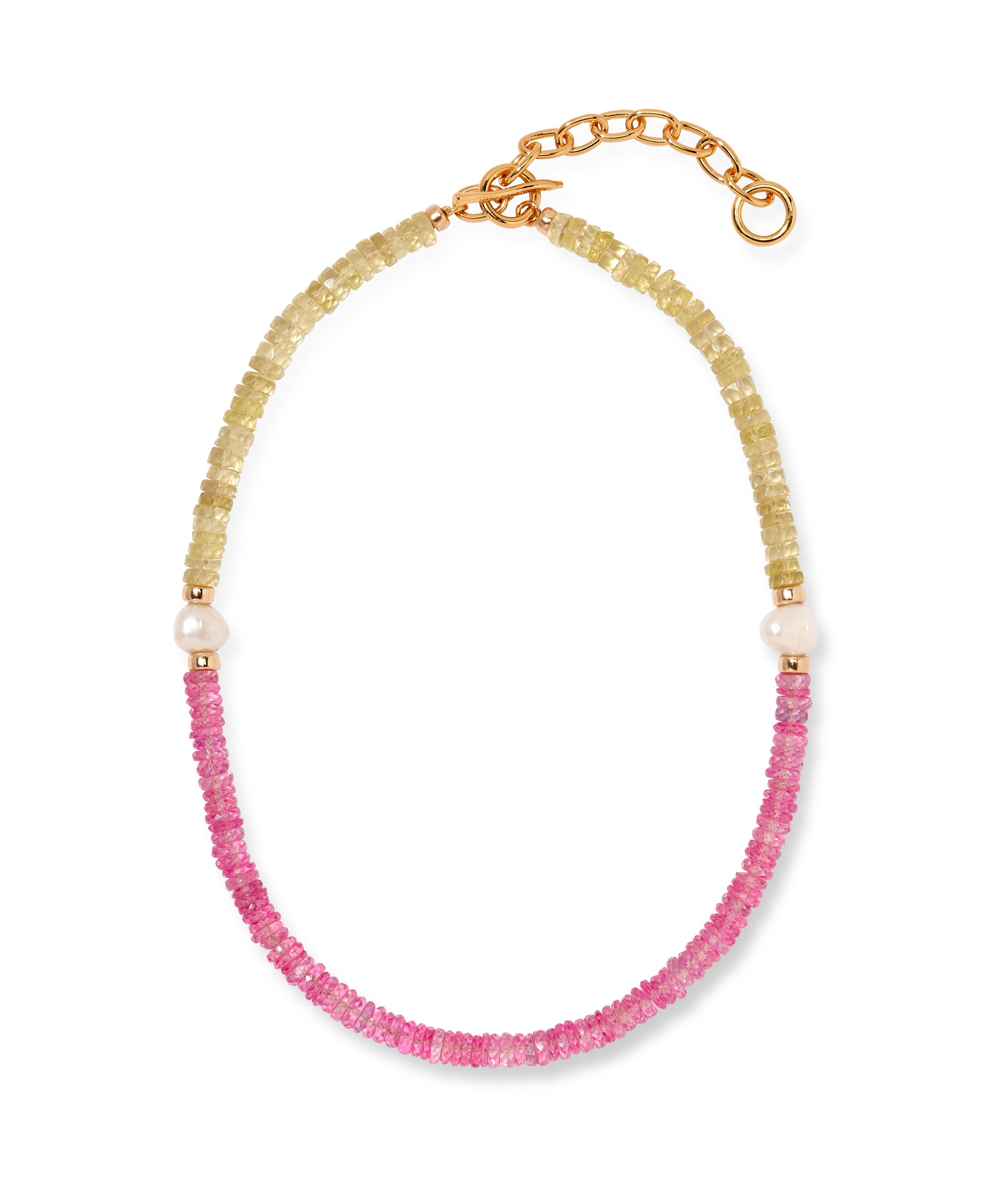 Rock Candy Necklace in Pink Lemonade. Color-blocked beads in pink topaz and lemon quartz with pearl accents.