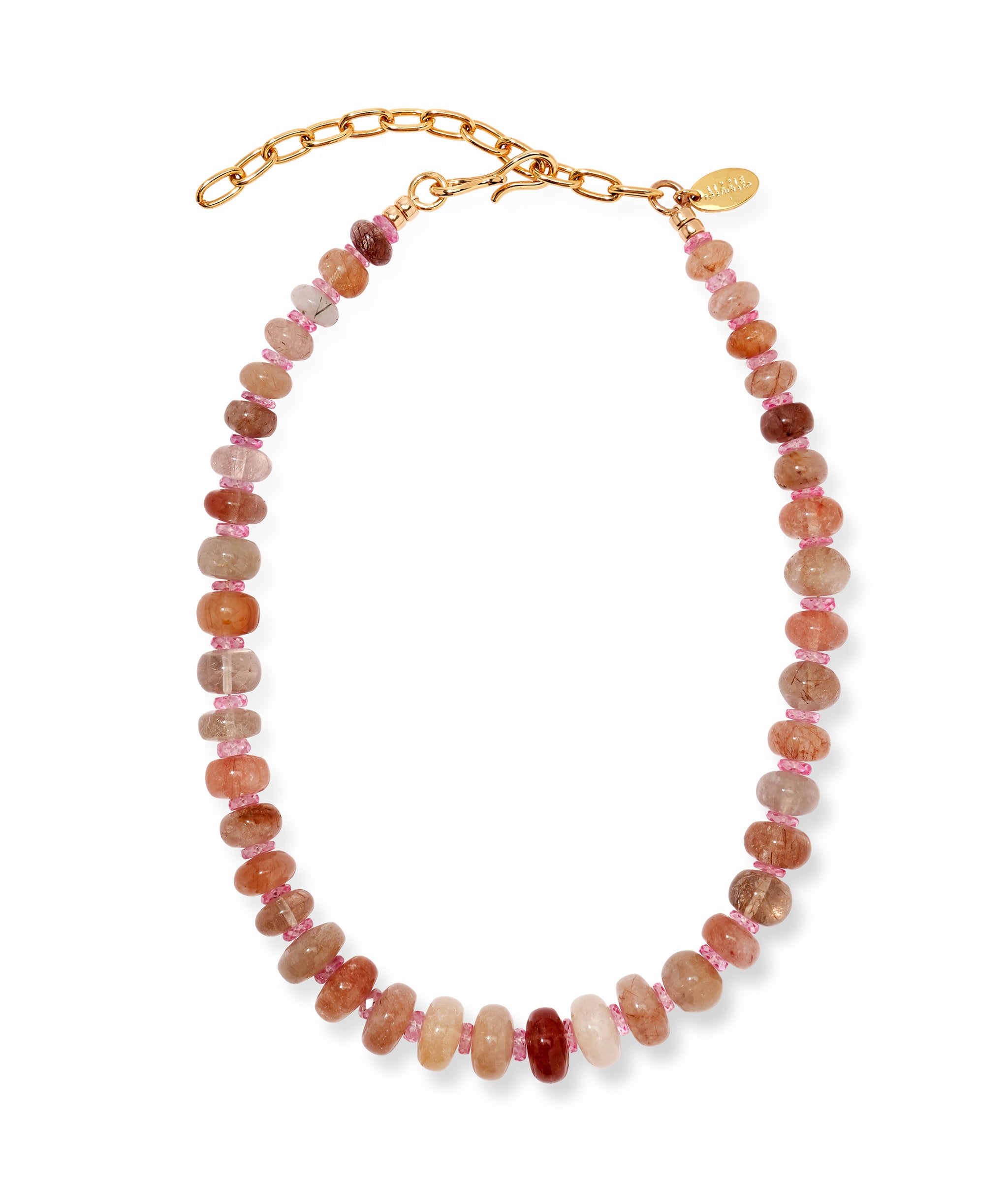 Pink Cliffs Necklace. Beaded with shaded pink quartz and small pink topaz, with gold-plated brass hook closure.