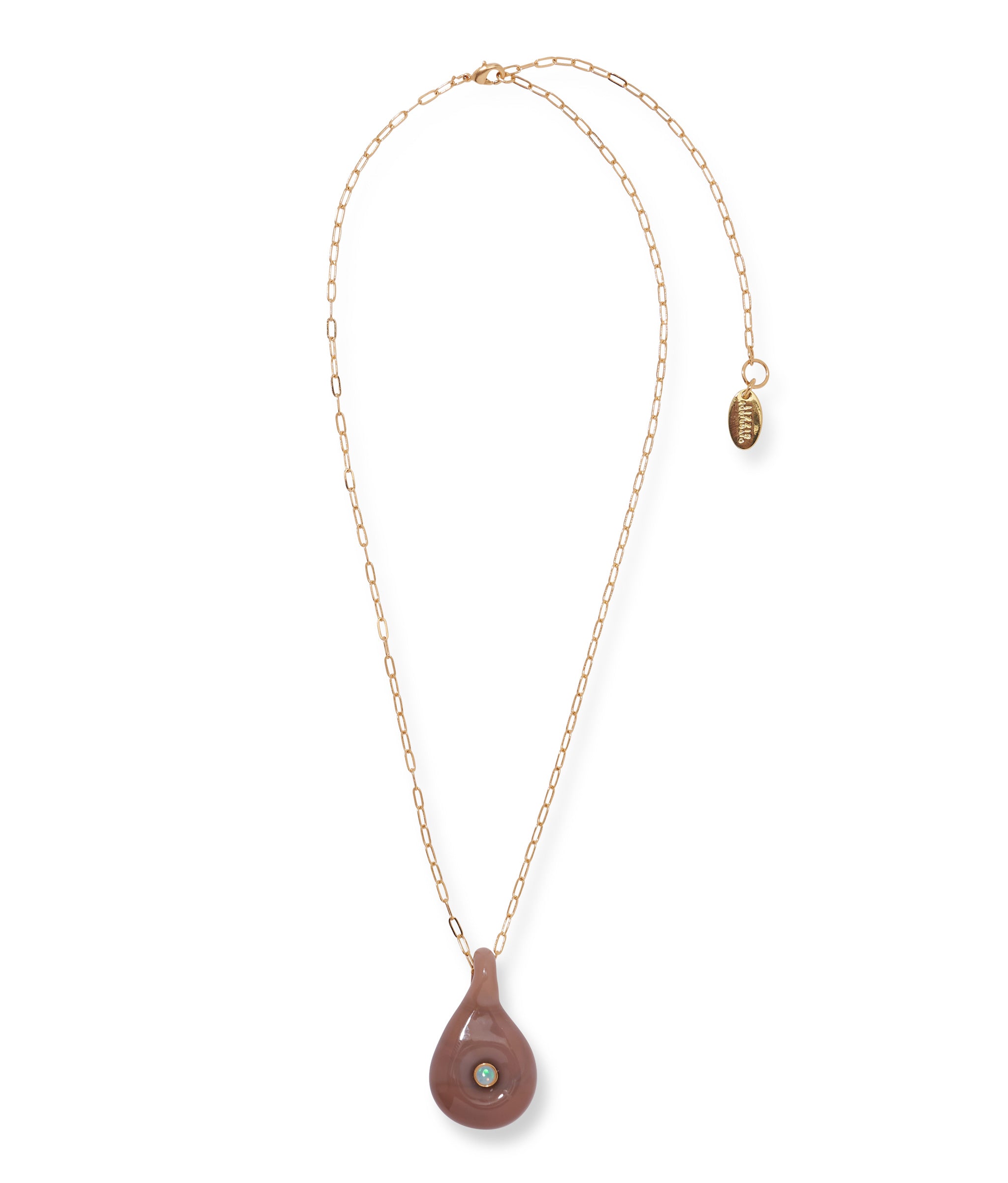 Muse Pendant Necklace in Sandstone. Thin gold chain with putty color abstract glass teardrop pendant inset with opal.