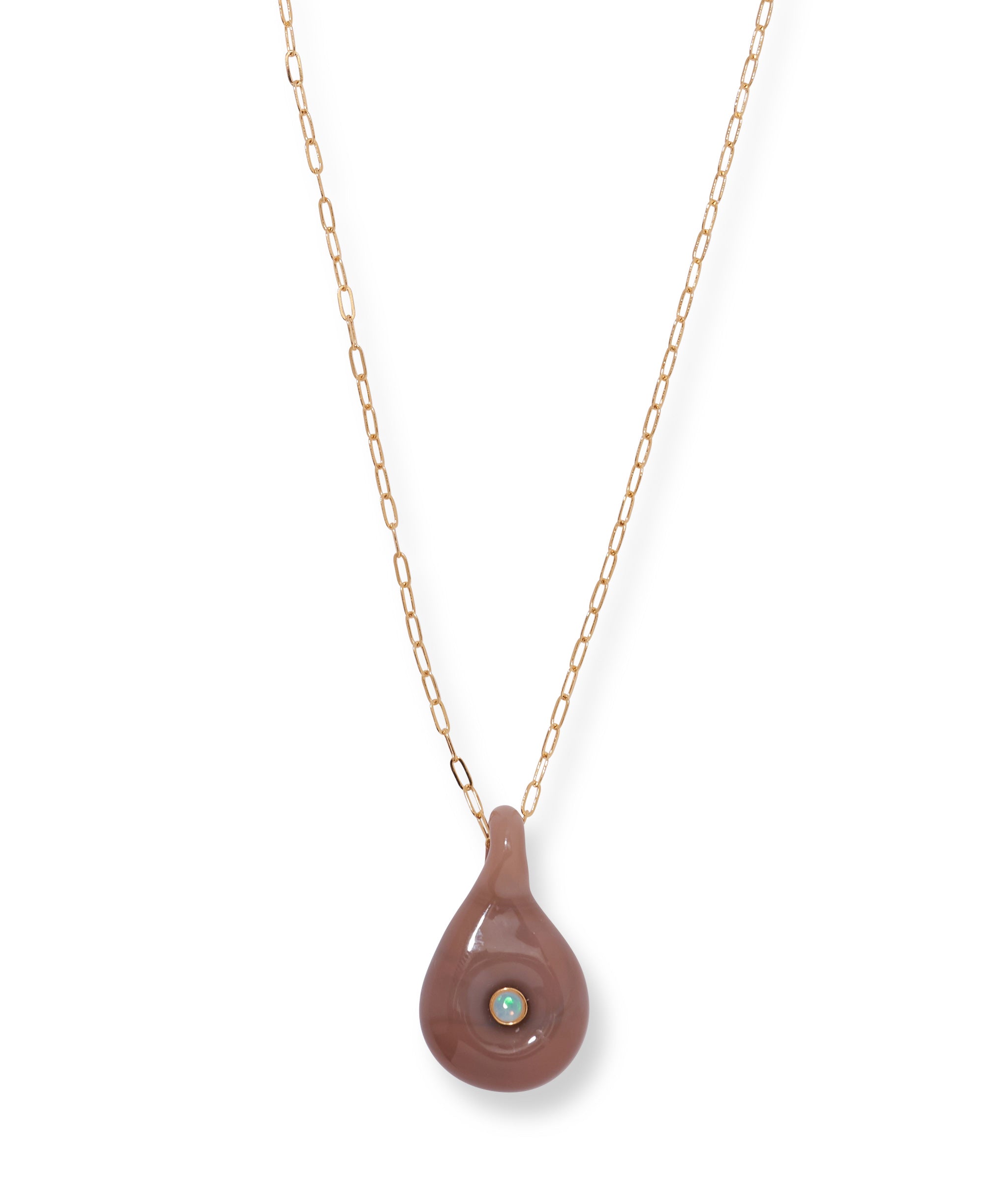 Close-up of glass teardrop with opal pendant on the Muse Pendant Necklace in Sandstone.