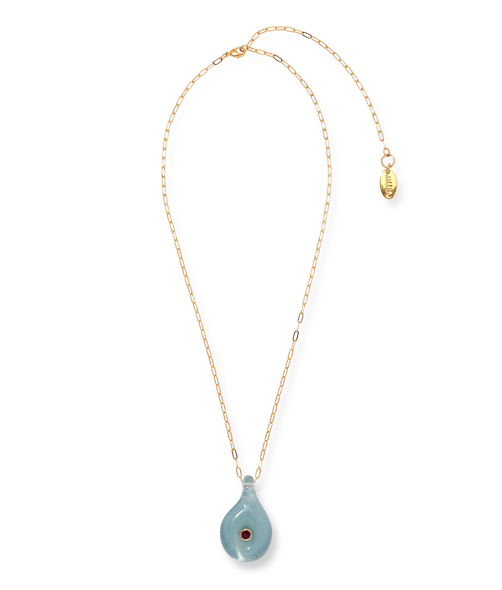 Muse Pendant Necklace in Rain. Thin gold chain with gray-blue abstract glass teardrop pendant inset with rhodolite.