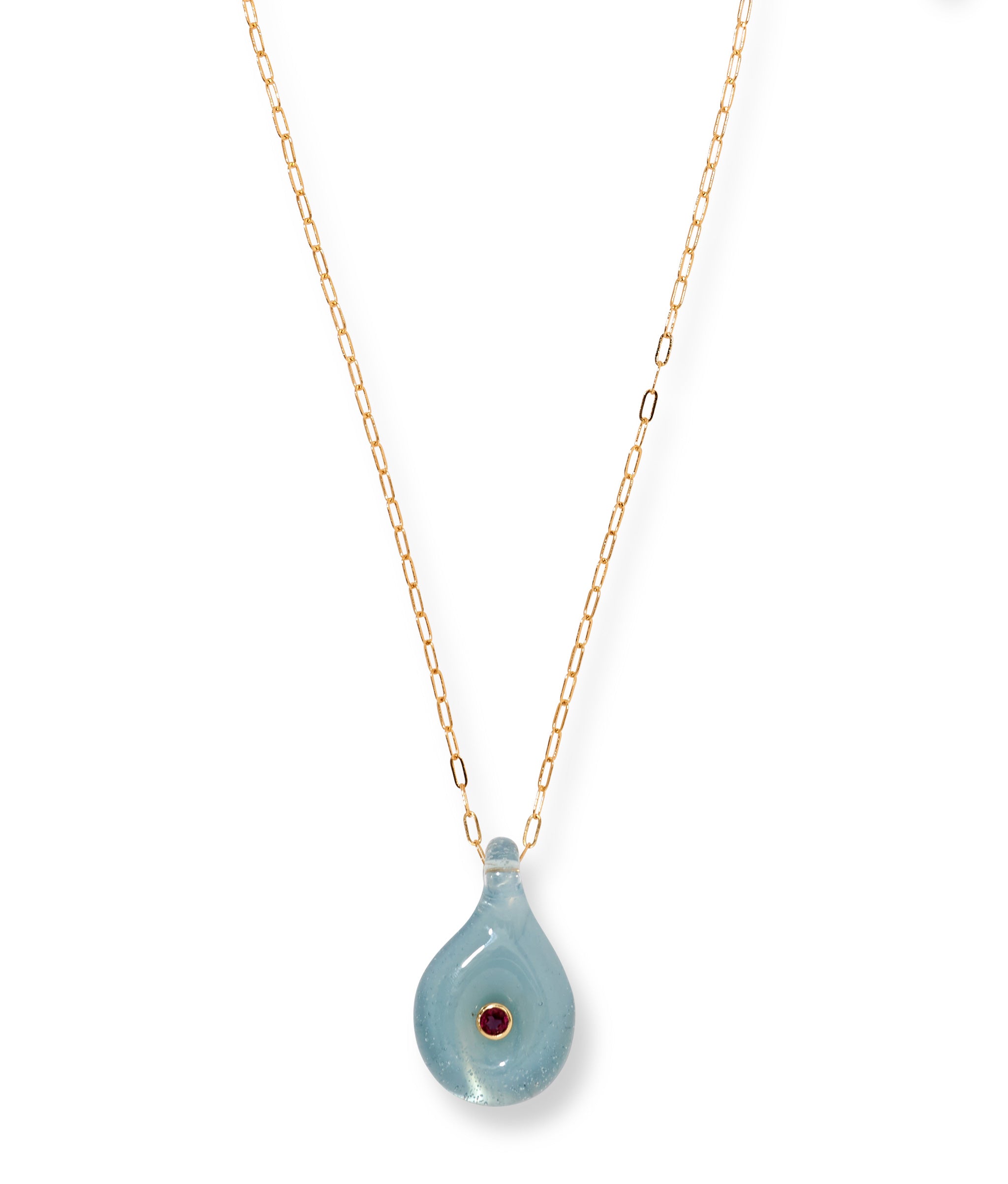 Close-up of gray-blue abstract glass teardrop pendant inset with rhodolite on the Muse Pendant Necklace in Rain.