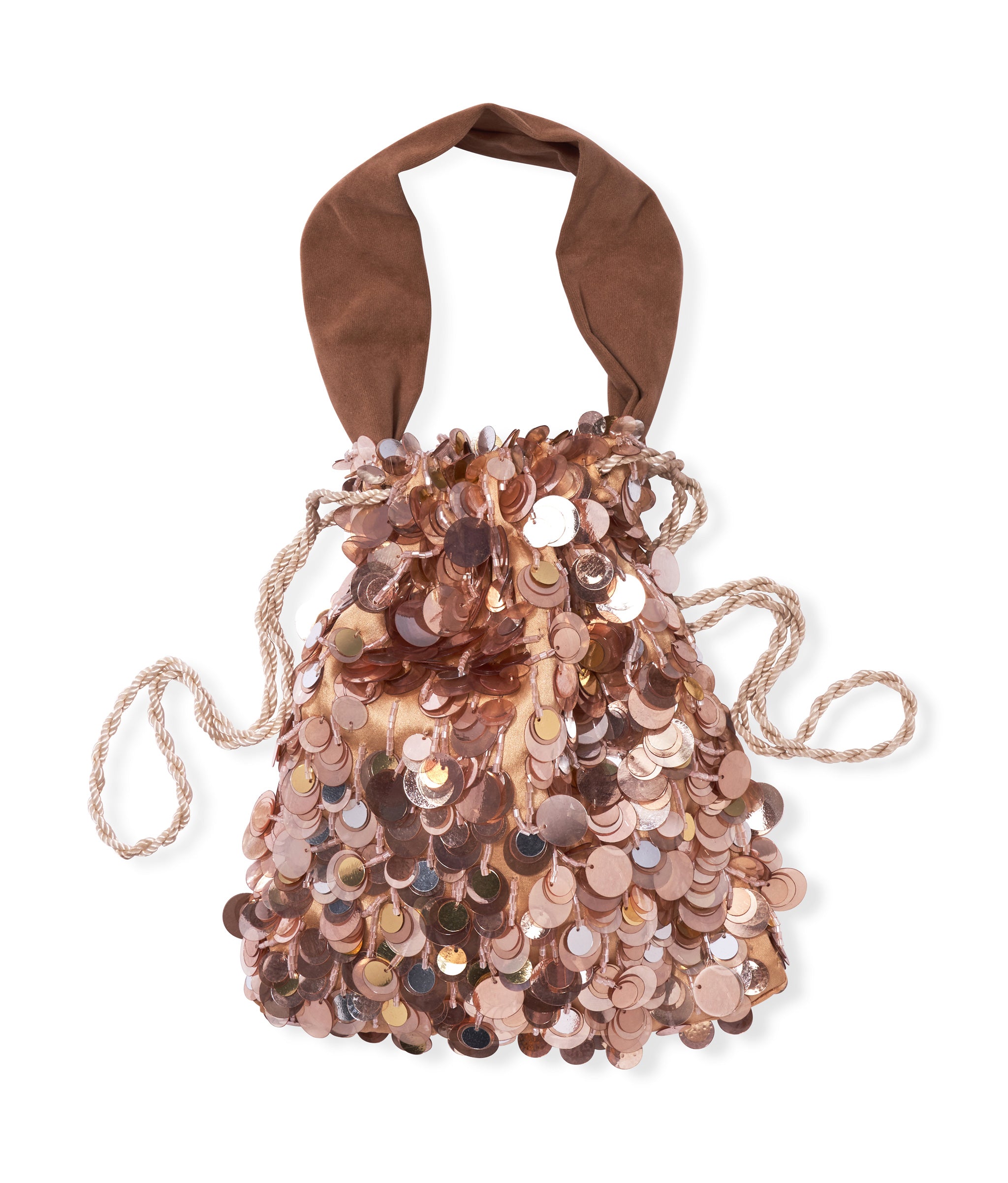 Gala Bag in Champagne Sequin. Sequined evening bag with tan velvet top handle and drawstring cord closure.