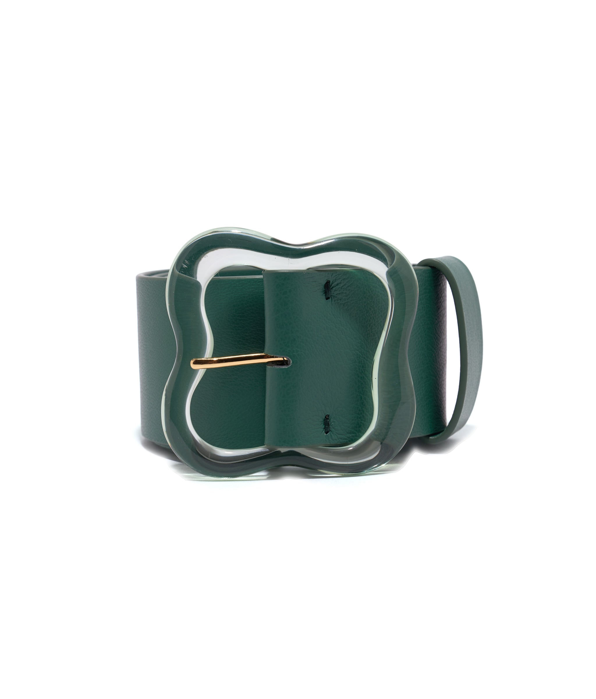 Florence Belt in Dark Emerald. Wide dark green pebbled leather belt with transparent mint resin clover buckle. 