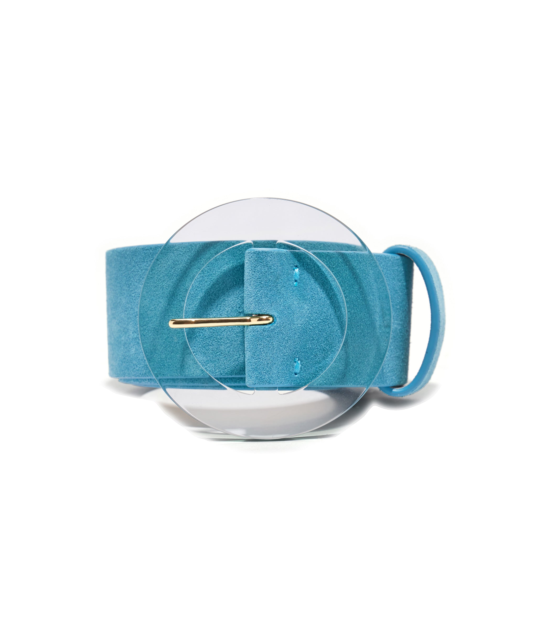 Louise Belt in Teal Suede. Wide aqua-colored suede leather with oversized round resin buckle.  