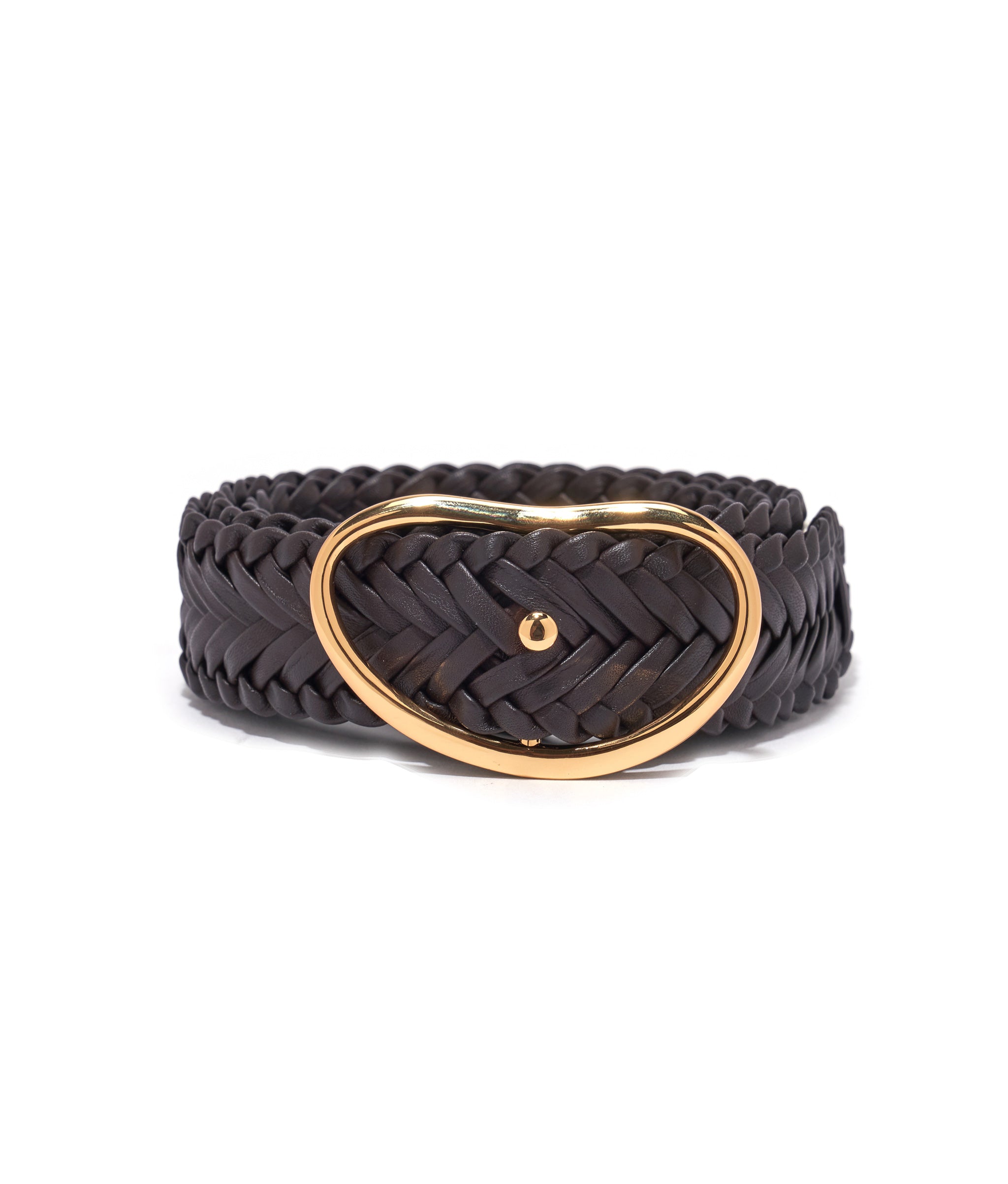 Wide Georgia Belt in Woven Java. Woven dark brown leather belt with gold-plated kidney-shape buckle.
